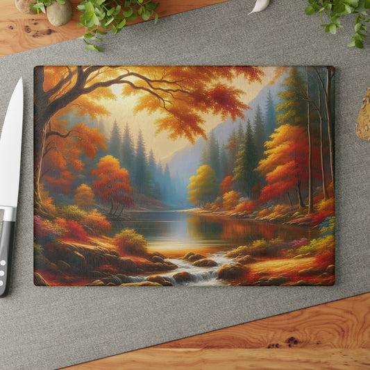 🍁🍂 Autumn Lake Scene Cutting Board – Golden Tranquility for Your Kitchen 🌲✨