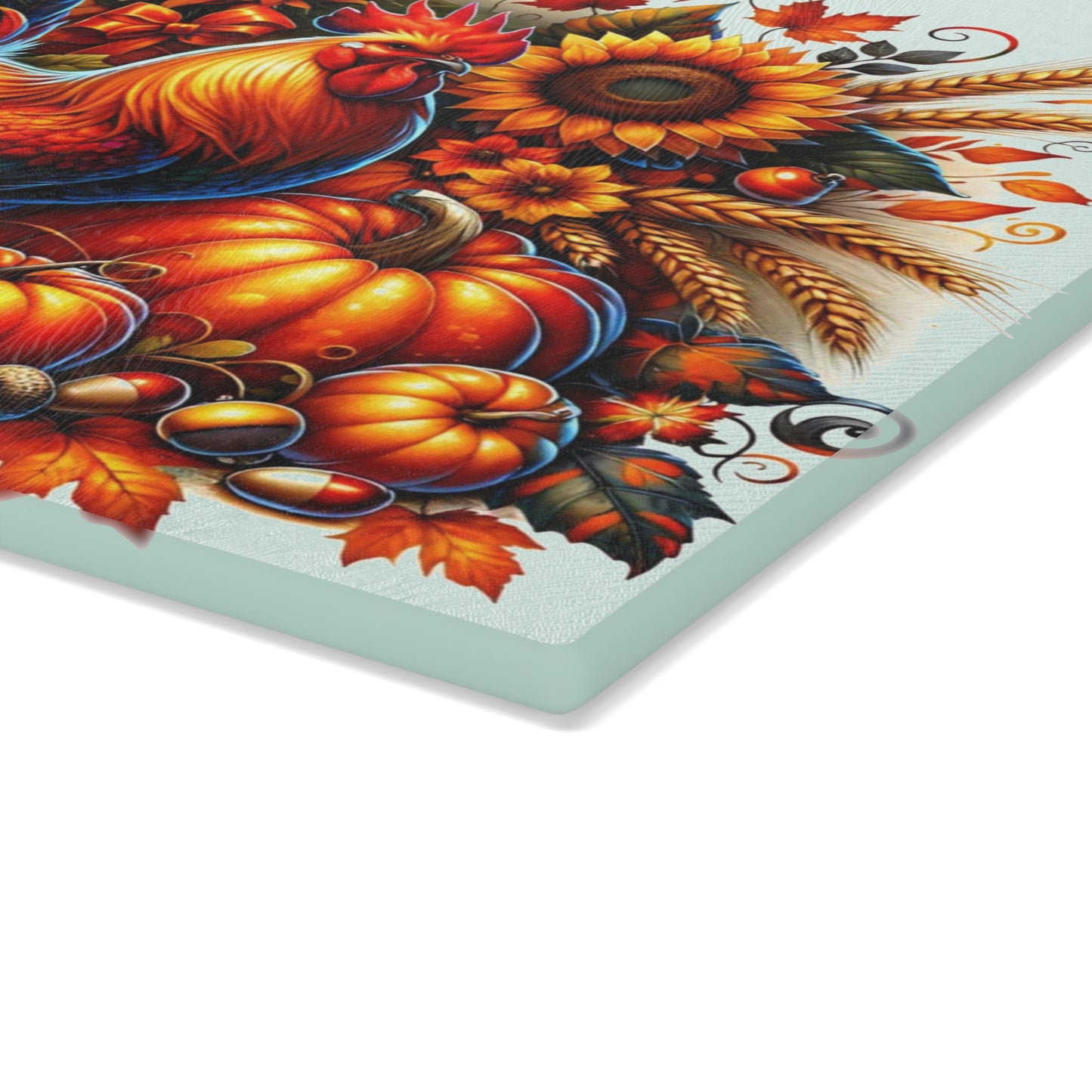 🧡🌻 “Harvest Rooster & Sunflowers” Glass Cutting Board – Cozy Charm for Your Kitchen