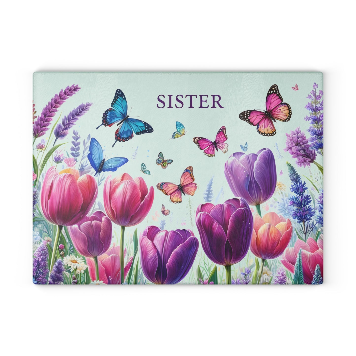 🦋 Sister Butterfly & Tulip Cutting Board – Floral Elegance for Her Kitchen 🌷