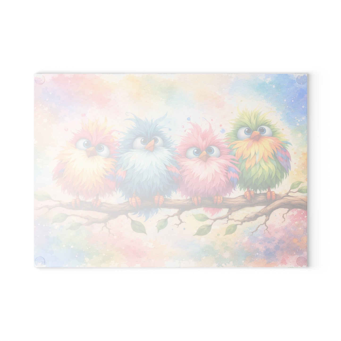Colorful Birds on a Branch Glass Cutting Board – Whimsical Farmhouse Kitchen Decor with Bright Watercolor Style