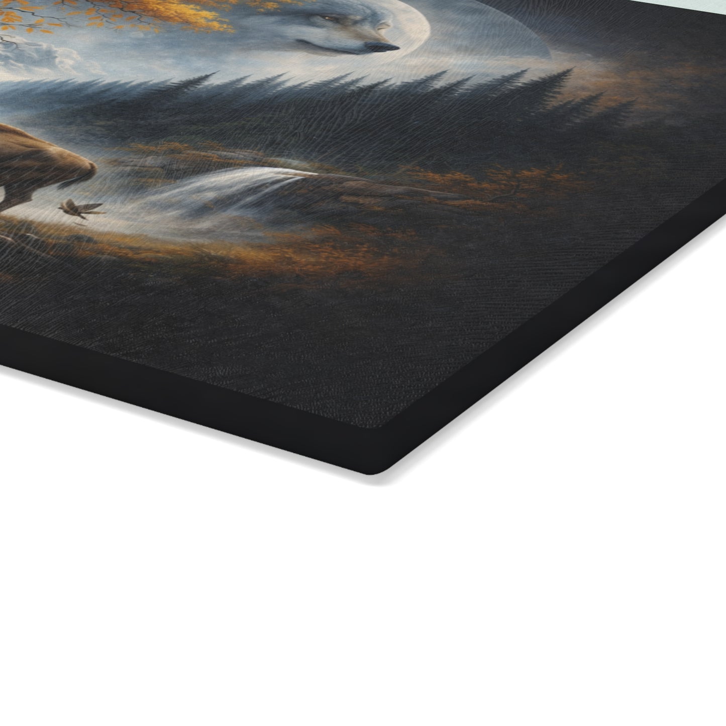 Moonlit Wolf Spirit Forest Glass Cutting Board – Mystical Wildlife Landscape Kitchen Art