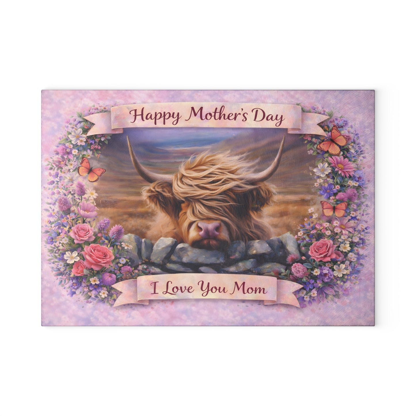 Mother’s Day Highland Cow Floral Glass Cutting Board – Soft Country Artwork with Butterflies