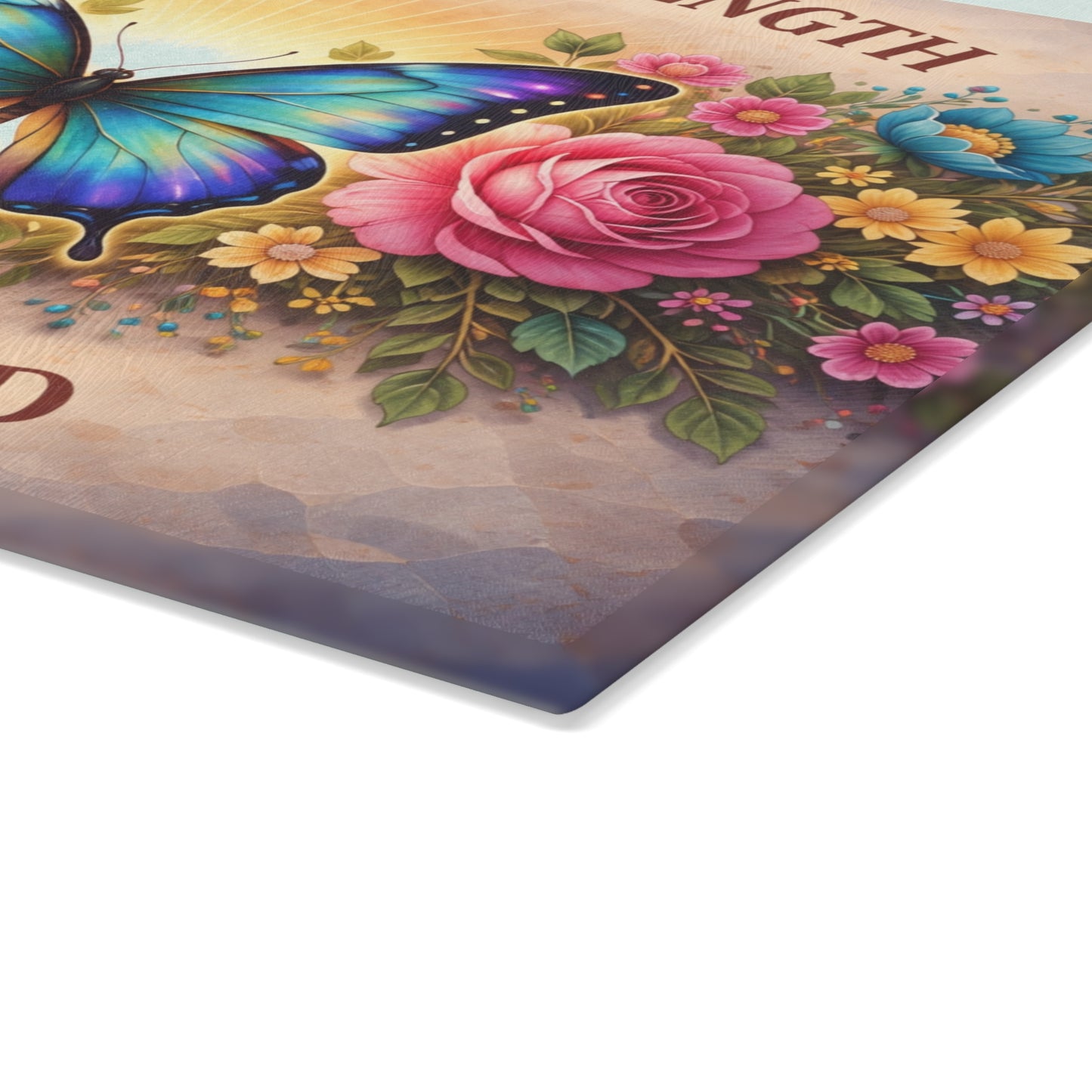 God Is My Strength Glass Cutting Board – Faith Butterfly Floral Christian Kitchen Display