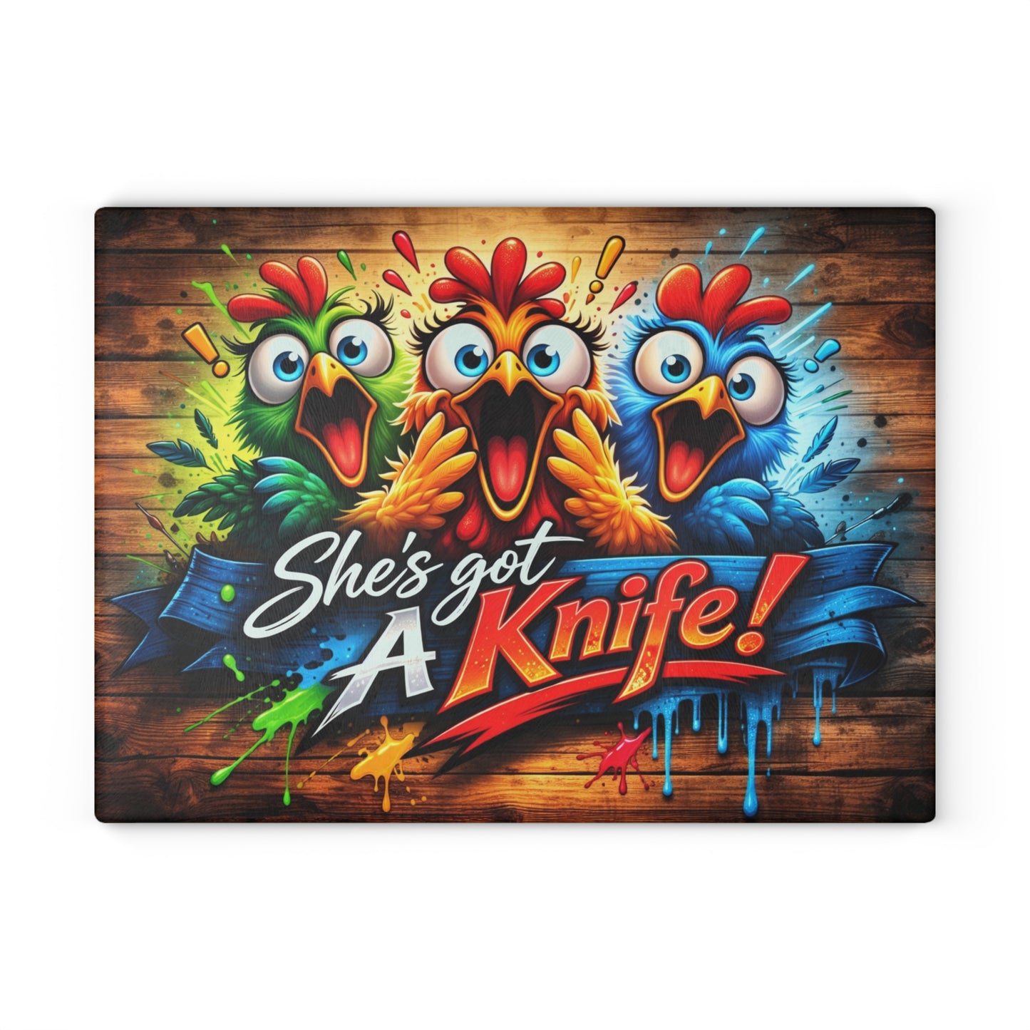 She’s Got a Knife! Glass Cutting Board – Hilarious Chicken Cartoon Kitchen Humor