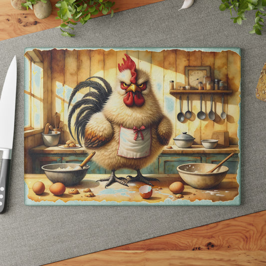🐓🍪 “Grumpy Baker Rooster” Glass Cutting Board – Cozy Laughs for Your Kitchen