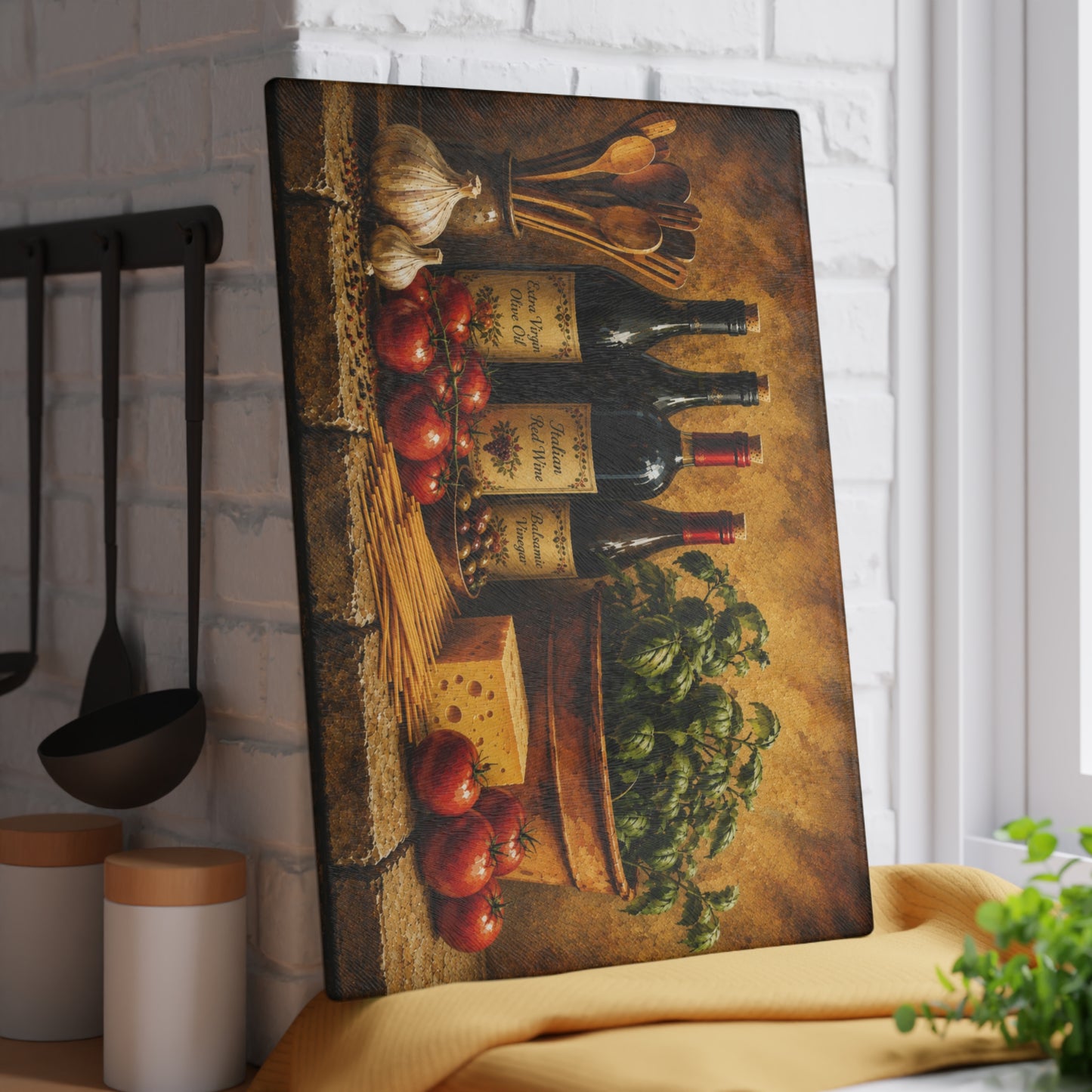 Tuscan Italian Kitchen Glass Cutting Board – Olive Oil, Red Wine, Balsamic Vinegar, Basil & Tomato Decor