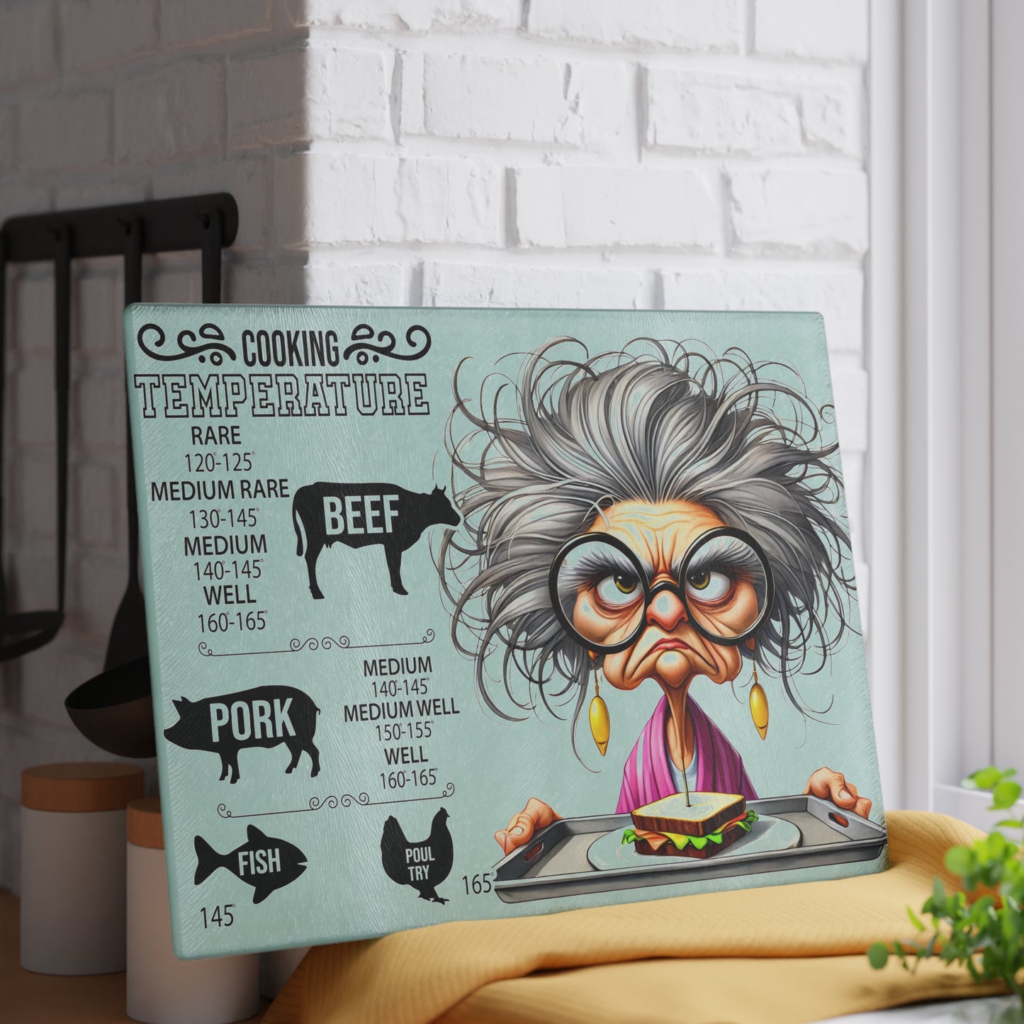 Guía de temperatura de cocina de la abuela gruñona Tabla de cortar: un artículo esencial de cocina divertido