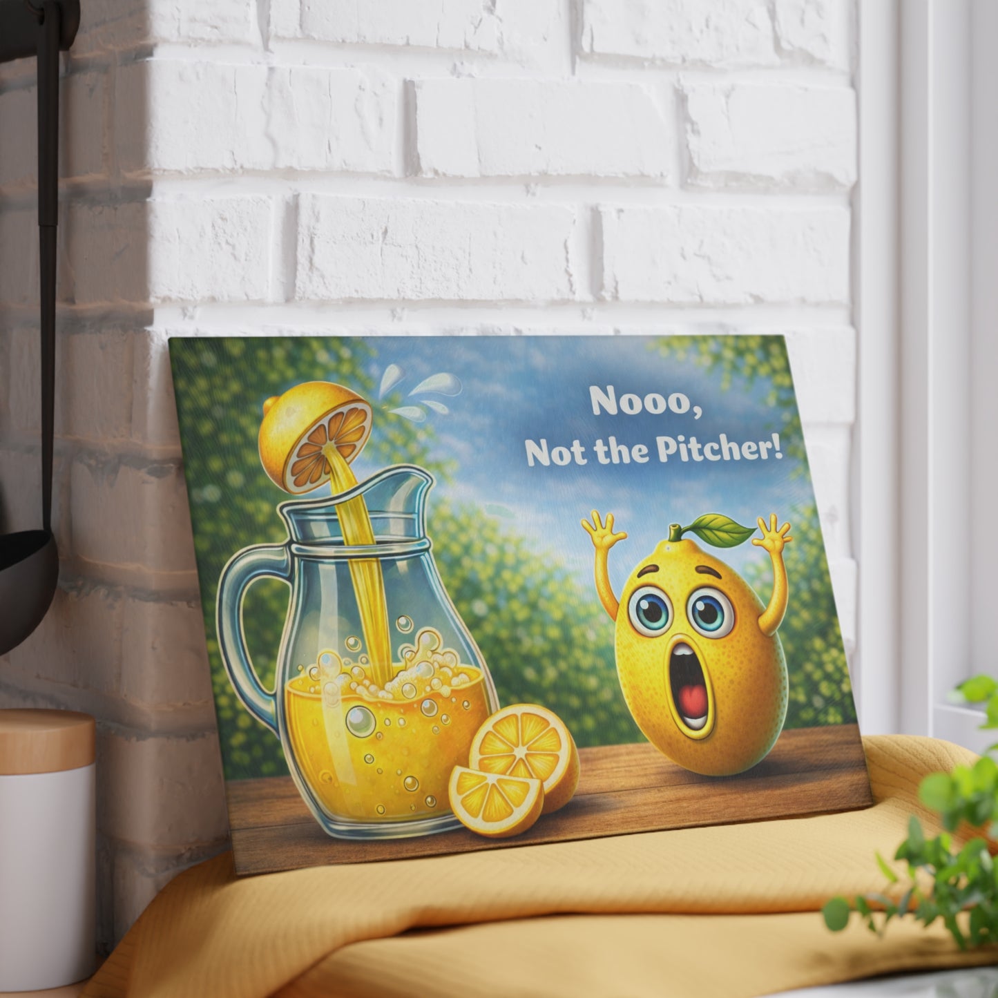 Nooo, Not the Pitcher! Glass Cutting Board – Playful Lemonade Humor Kitchen Artwork