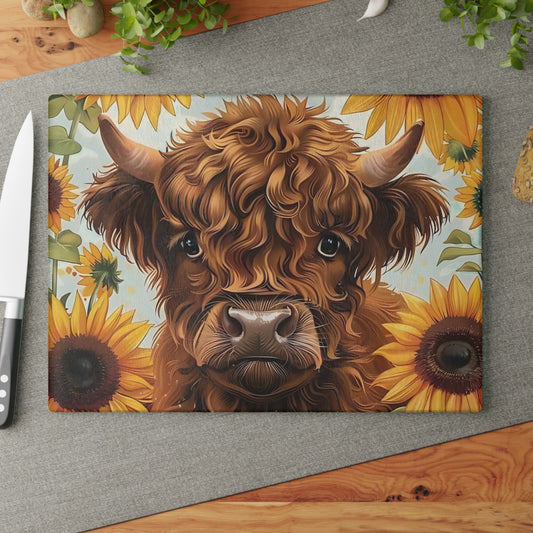 Tabla de cortar de vaca, tabla de cortar de vidrio templado, tabla de charcutería, tabla de cortar, regalo de inauguración de la casa, tabla de cortar personalizada, vaca de las Tierras Altas