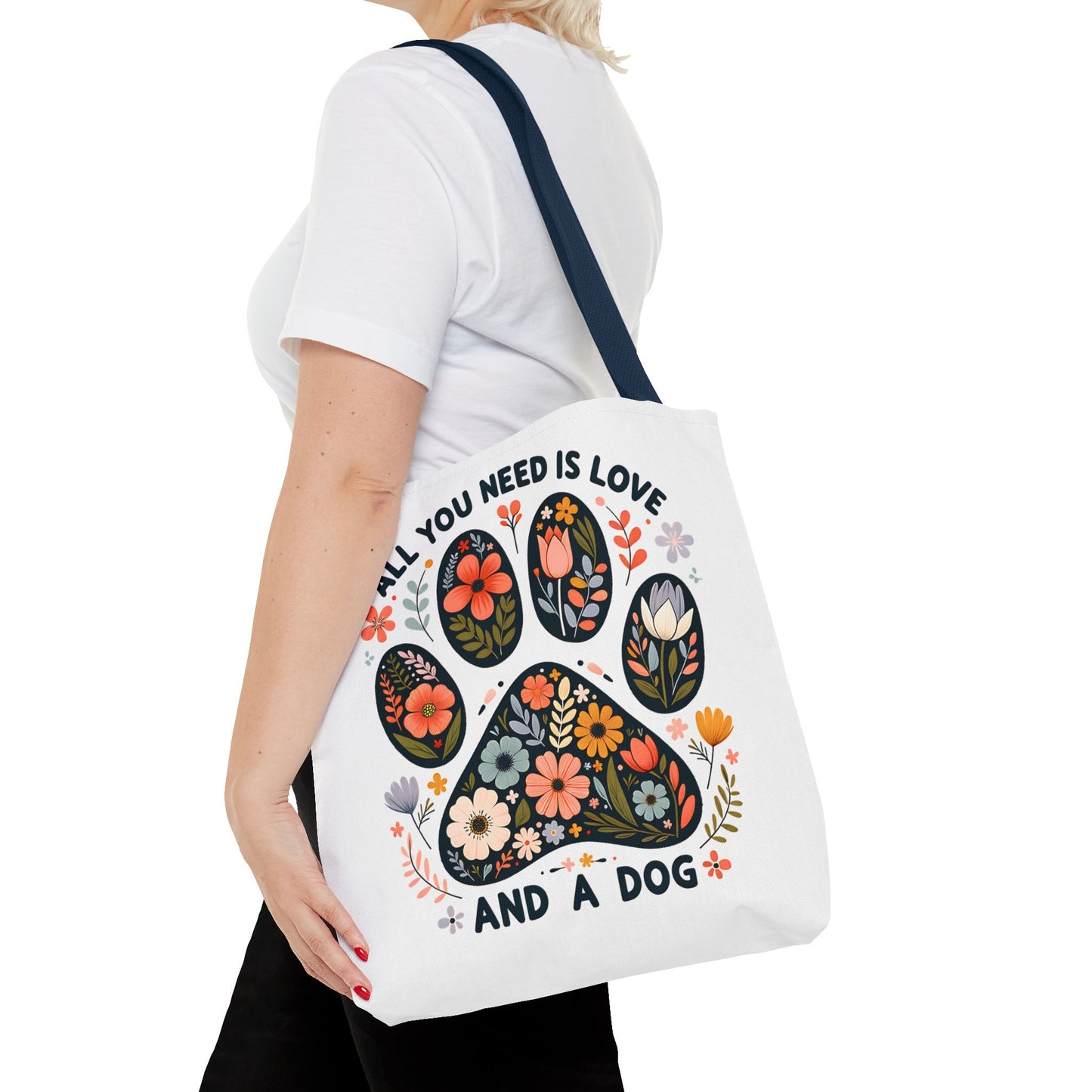 🐾 All You Need is Love and a Dog Tote Bag – Floral Paw Print Perfection 🌸
