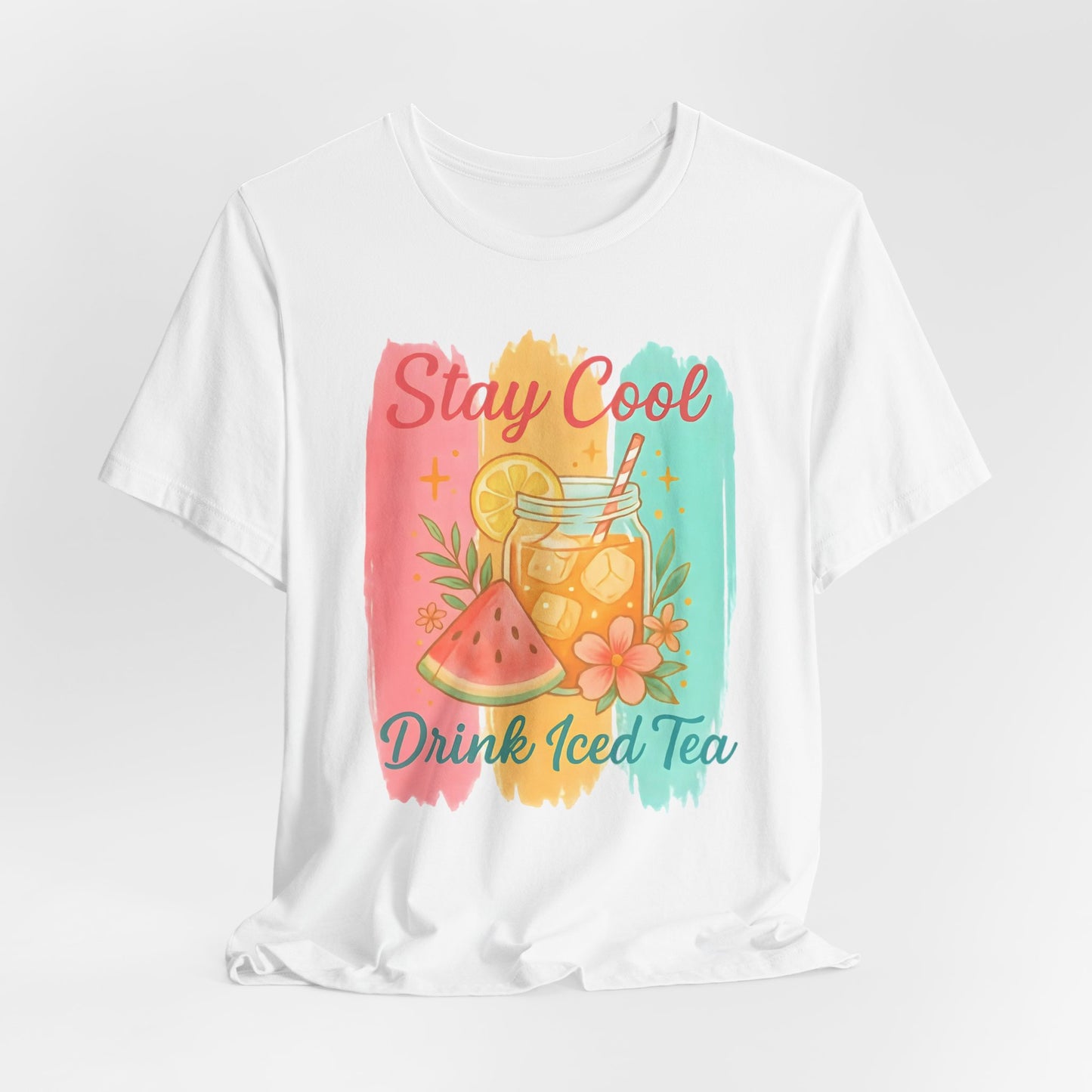 Camiseta "Mantente Fresco, Bebe Té Helado" - Camiseta Gráfica de Verano con Sandía y Té Helado | Solo Blanca