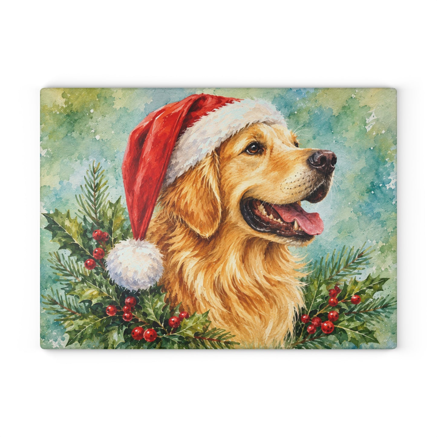 Golden Retriever Christmas Glass Cutting Board – Santa Hat, Holly & Evergreen Holiday Dog Decor