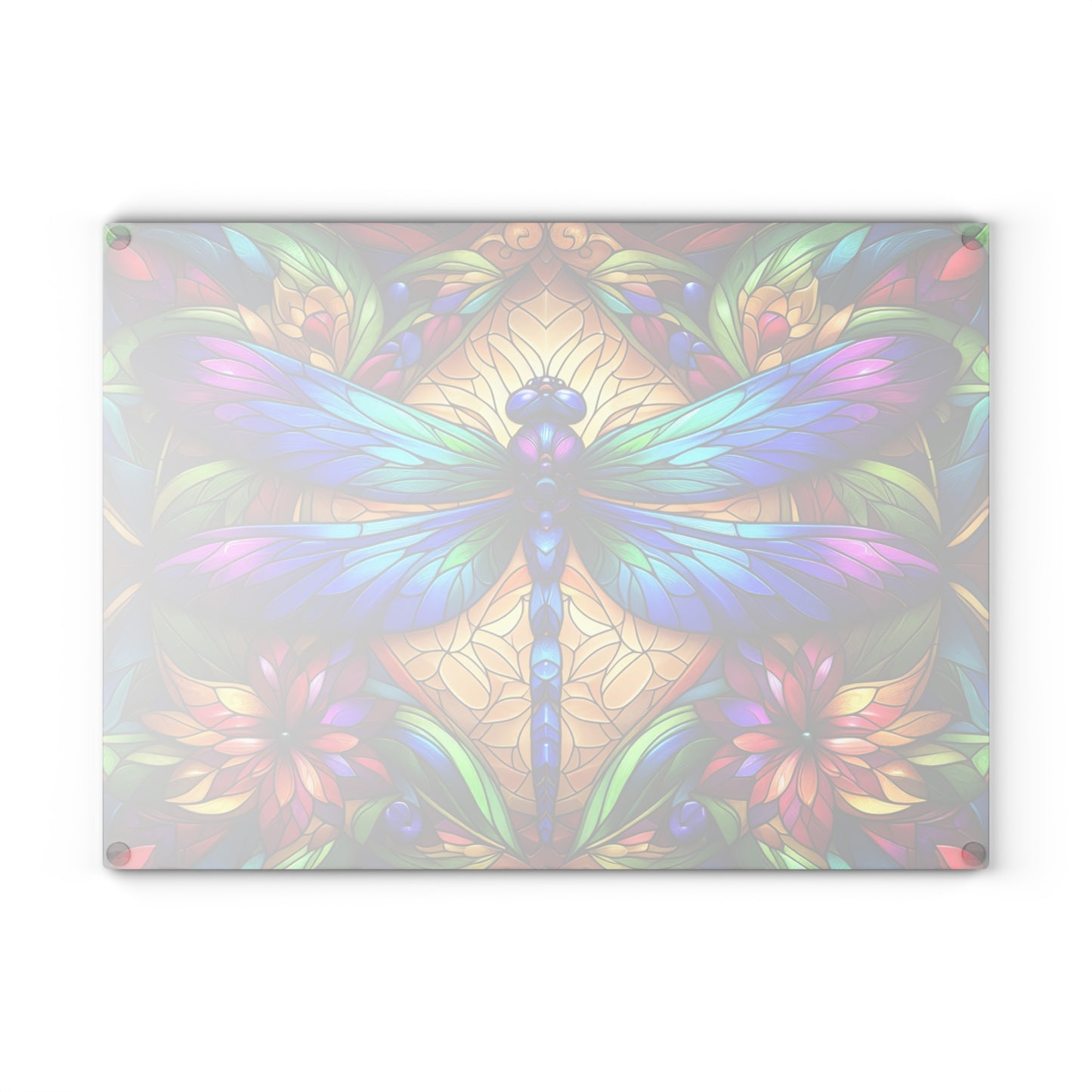 Stained Glass Dragonfly Glass Cutting Board – Colorful Botanical Art Kitchen Display