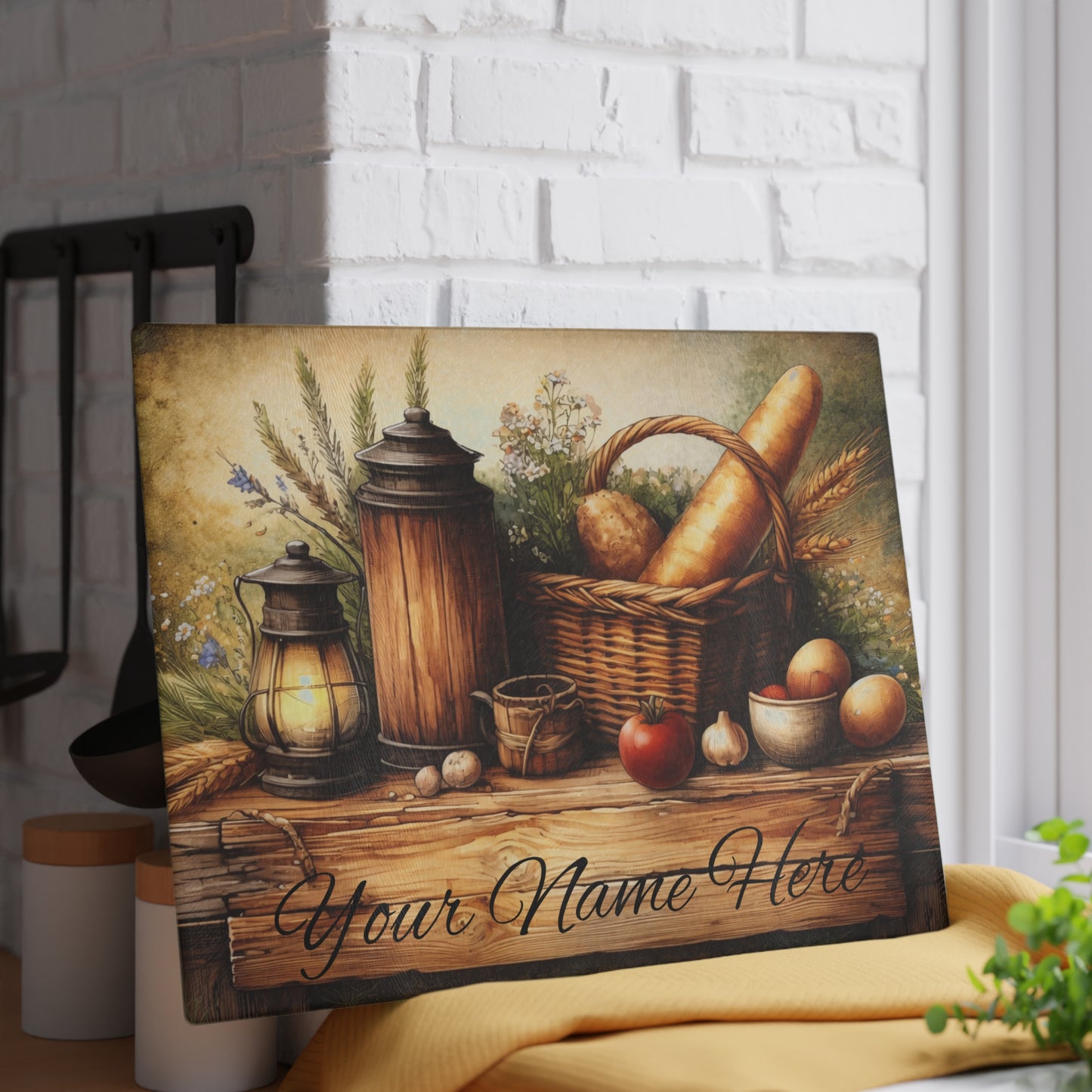Rustic Farmhouse Breadbasket Personalized Glass Cutting Board – Custom Kitchen Name Display