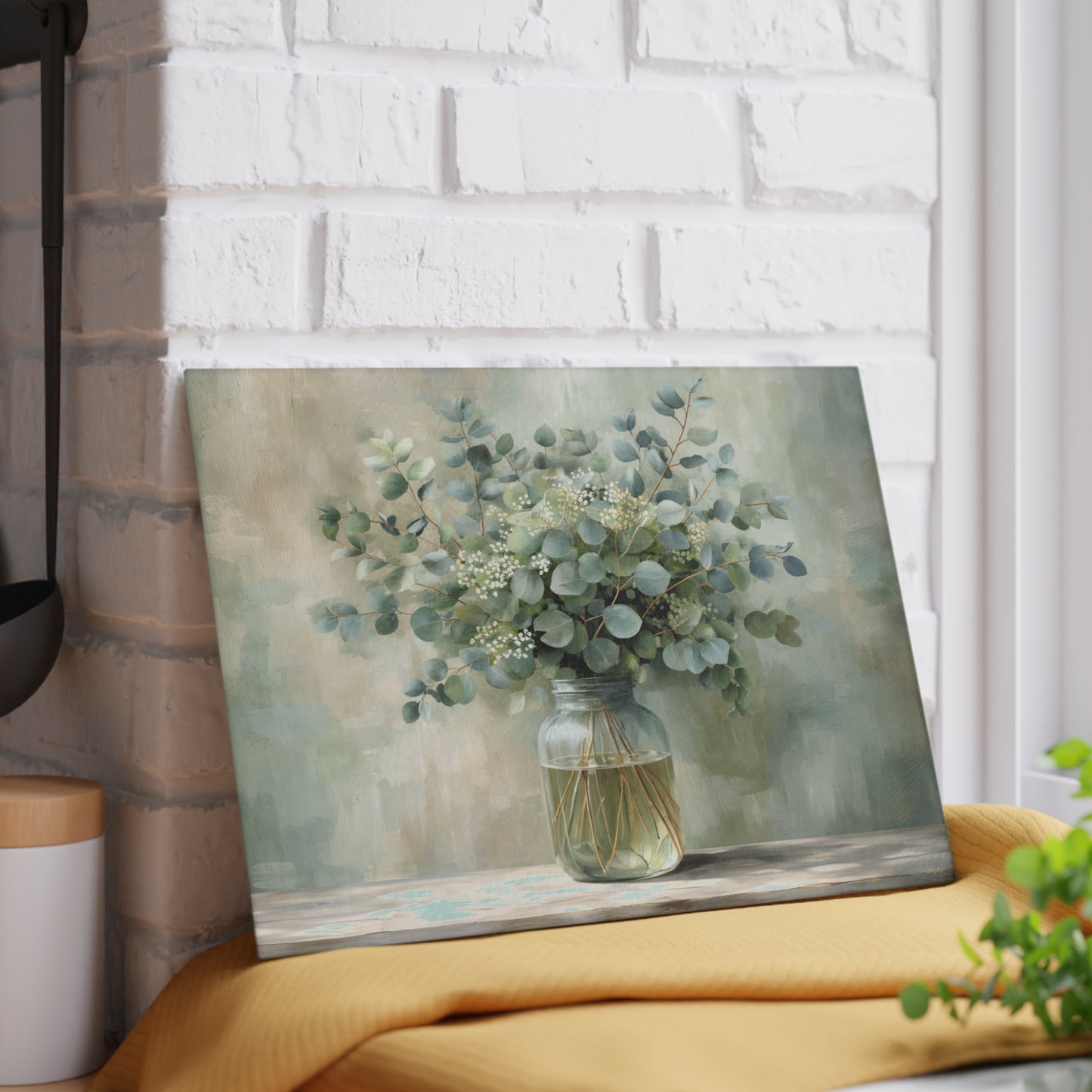 Eucalyptus Mason Jar Glass Cutting Board – Farmhouse Botanical Kitchen Decor