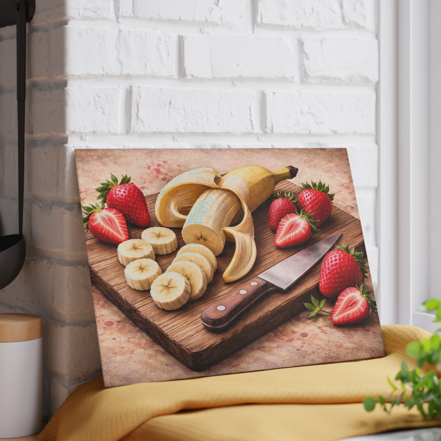 Banana and Strawberry Kitchen Art Glass Cutting Board – Rustic Breakfast Inspired Design