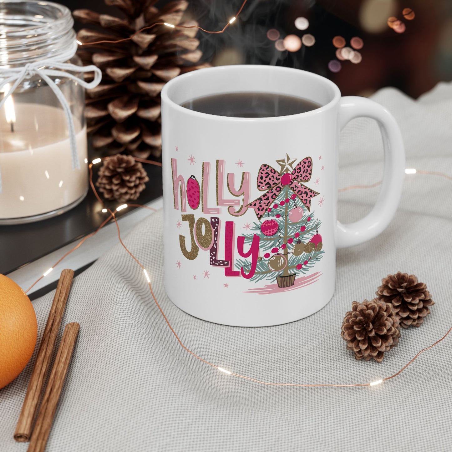 🎀🌟 Holly Jolly Christmas Mug – Glam Tree, Leopard Bow, and Holiday Sass 🎄💖