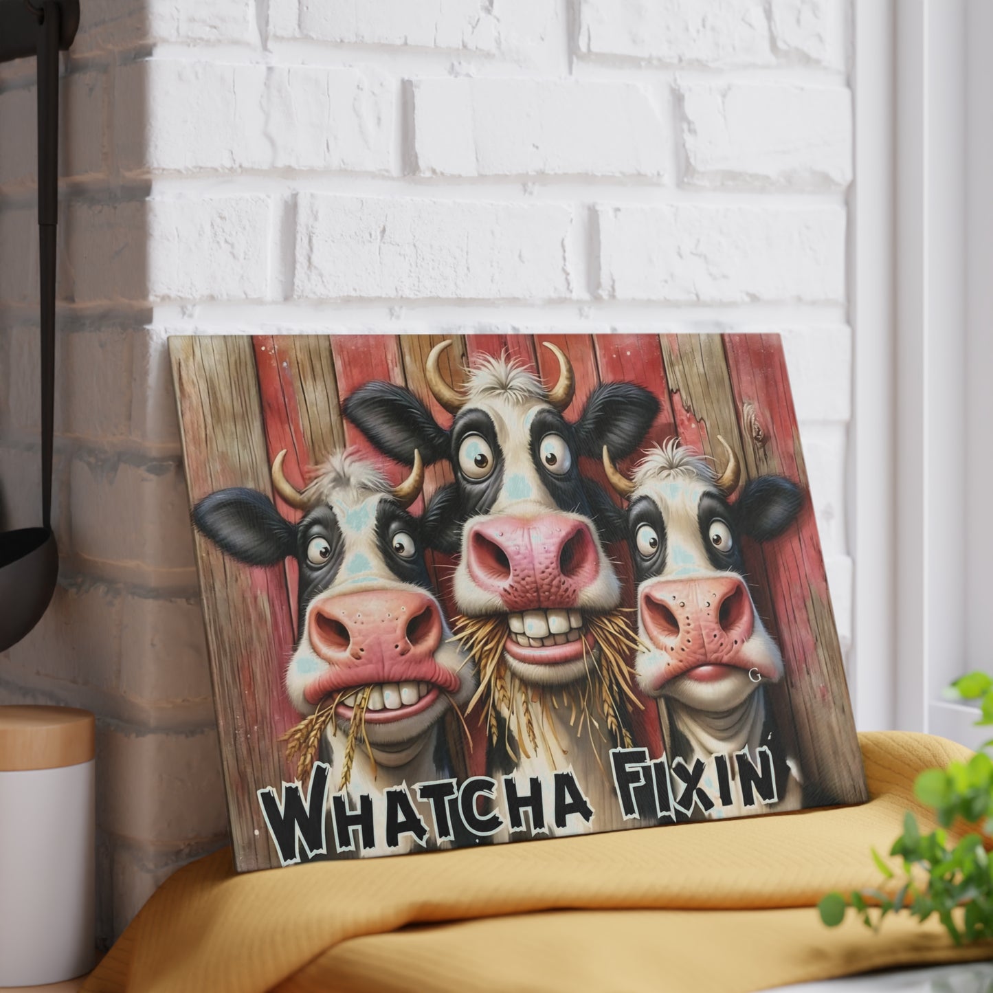🐄 Whatcha Fixin’ Cow Trio Cutting Board – Funny Farmhouse Kitchen Décor with Rustic Charm