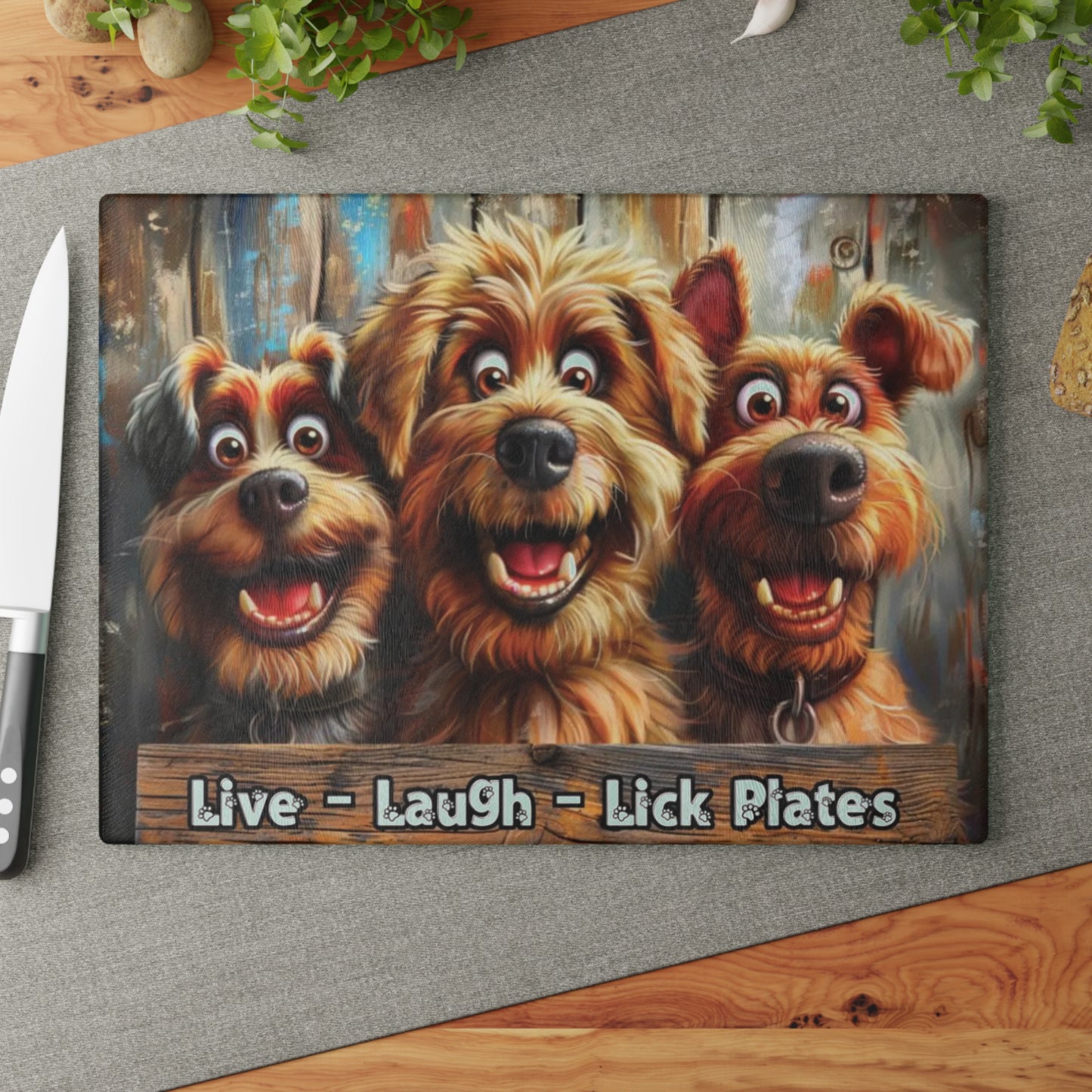 🐾🐕 “Happy Pups Kitchen Board” Glass Cutting Board – Cheerful Decorative Kitchen Accent