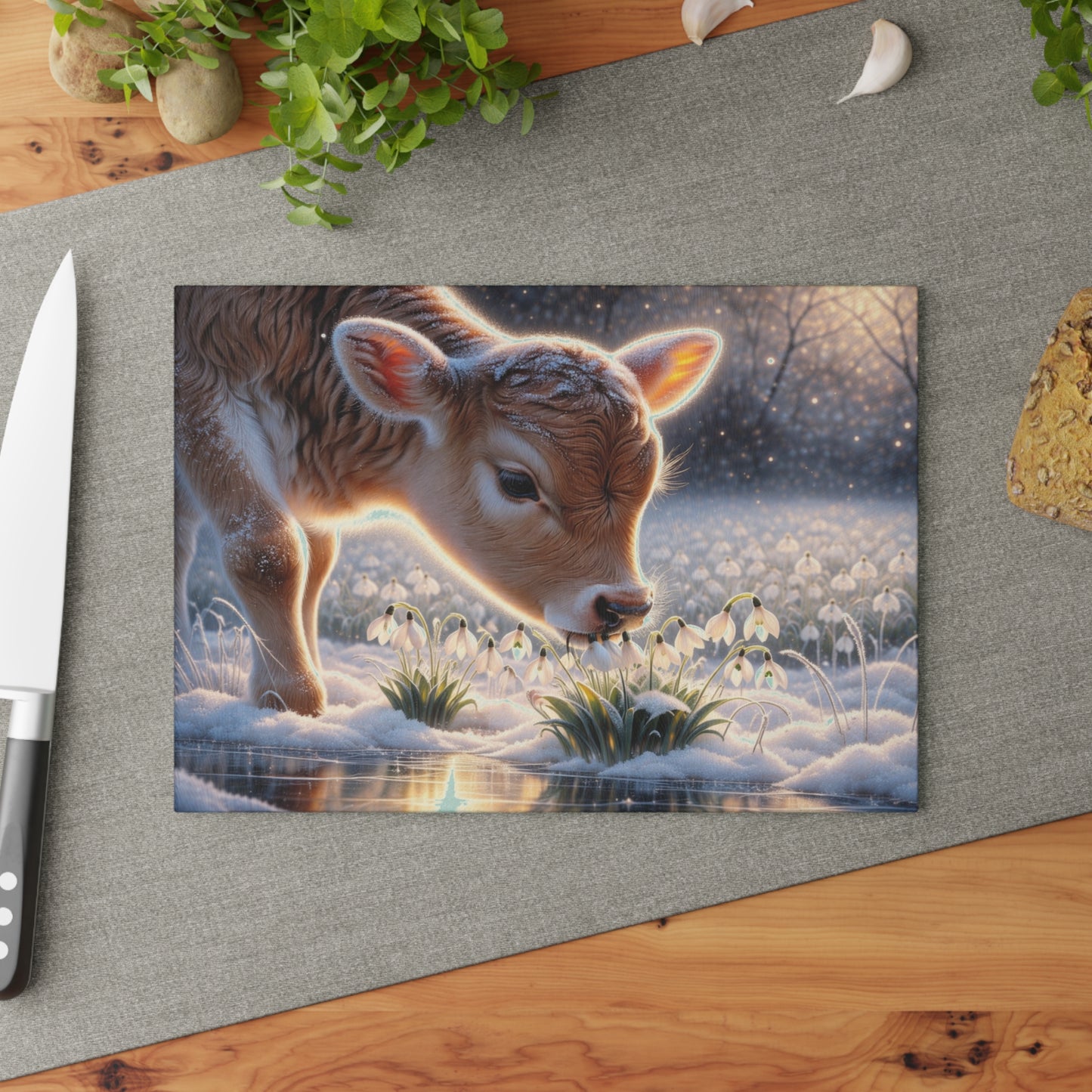 Frosted Meadow Calf Glass Cutting Board – Whimsical Winter Farm Art