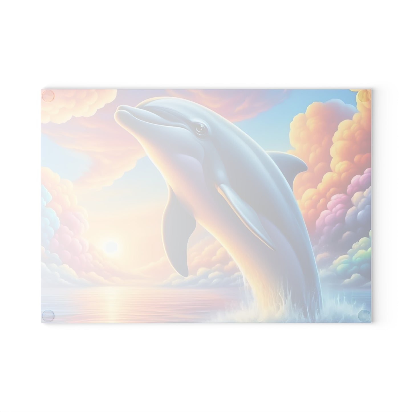 Happy Dolphin & Rainbow-Colored Clouds Glass Cutting Board – Whimsical Ocean Kitchen Art