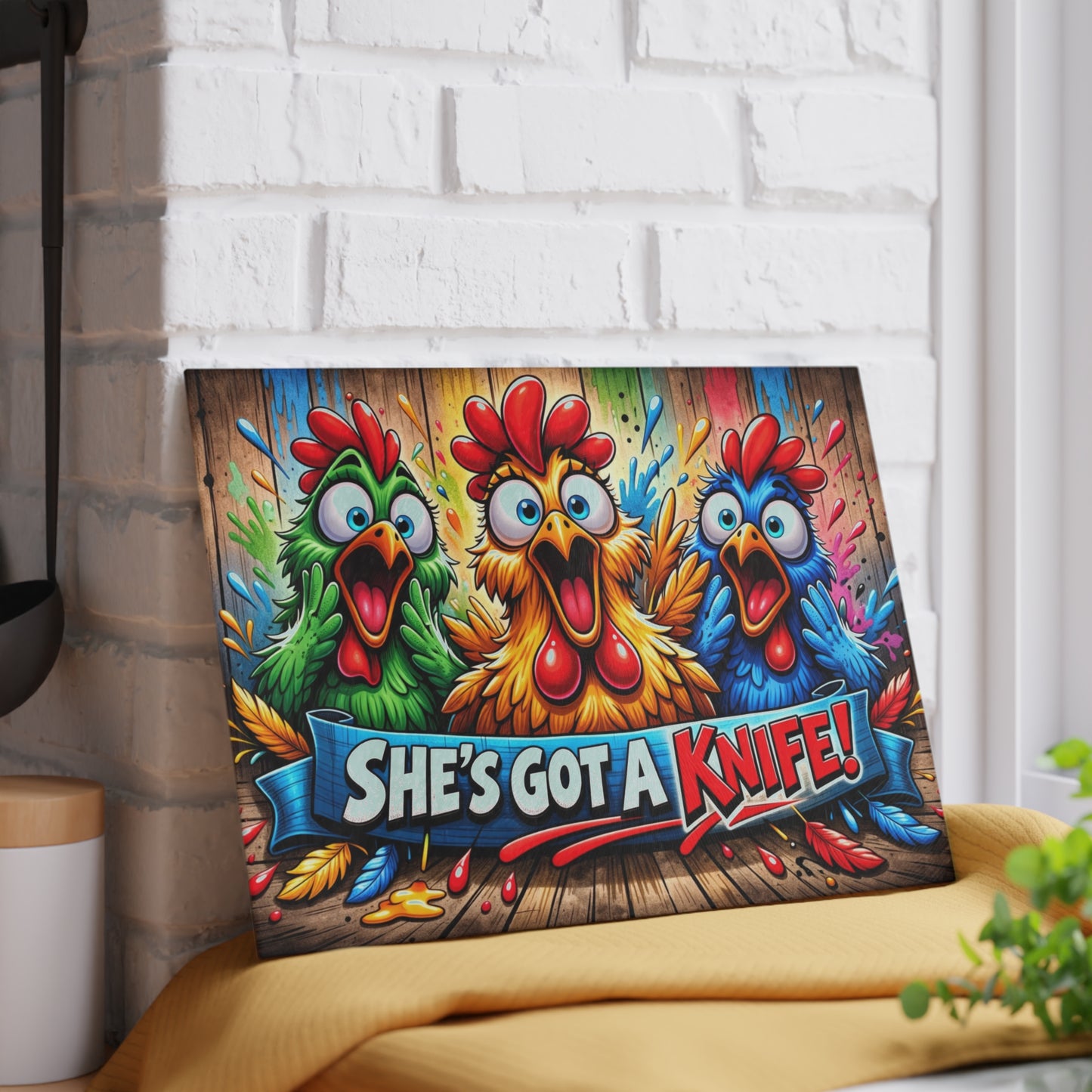 She’s Got a Knife! Glass Cutting Board – Loud Color Chicken Farmhouse Artwork
