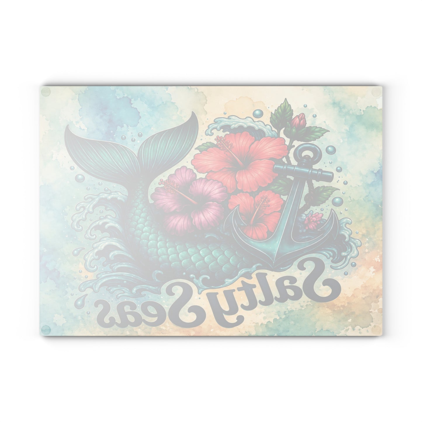 Salty Seas Mermaid Tail Glass Cutting Board – Coastal Beach Kitchen Decor with Anchor & Tropical Flowers