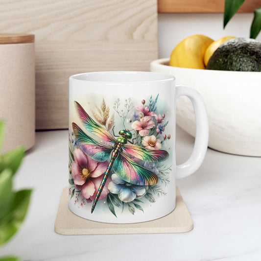 🌈 Magia del Jardín Arcoíris – Envoltorio para Taza de Café con Libélula Vibrante ☕