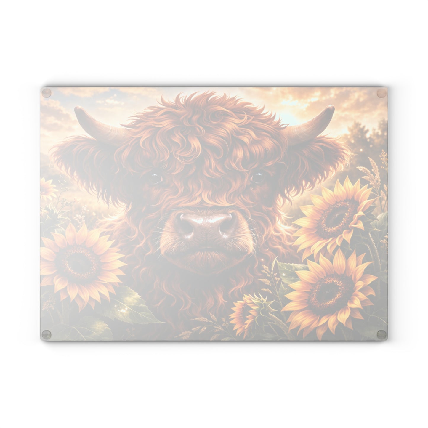 Sunflower Meadow Highland Cow Glass Cutting Board – Warm Farmhouse Floral Art with Country Charm