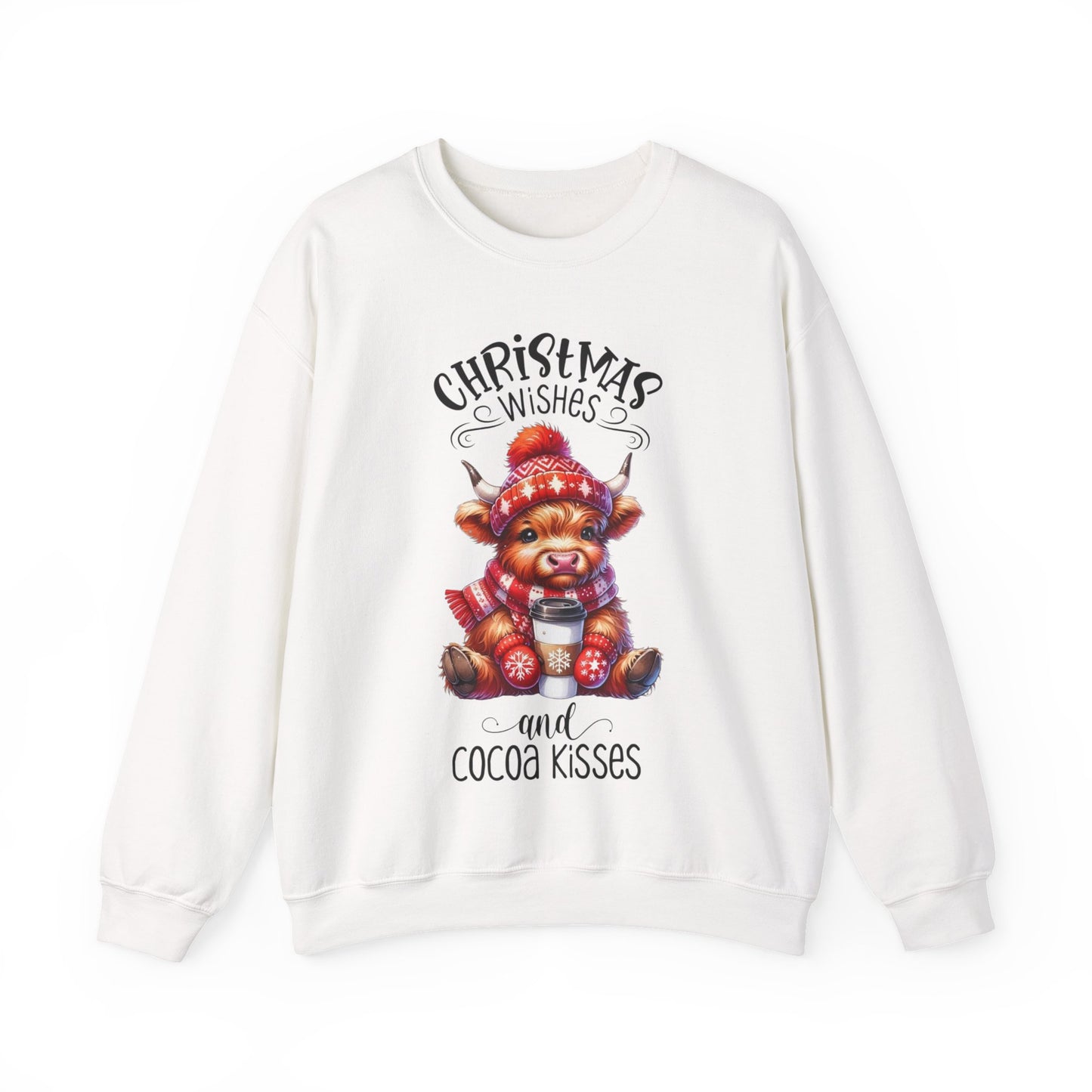 🎄☕🐮 Christmas Wishes and Cocoa Kisses Sweatshirt – Cozy Highland Cow Holiday Sweater ❄️❤️