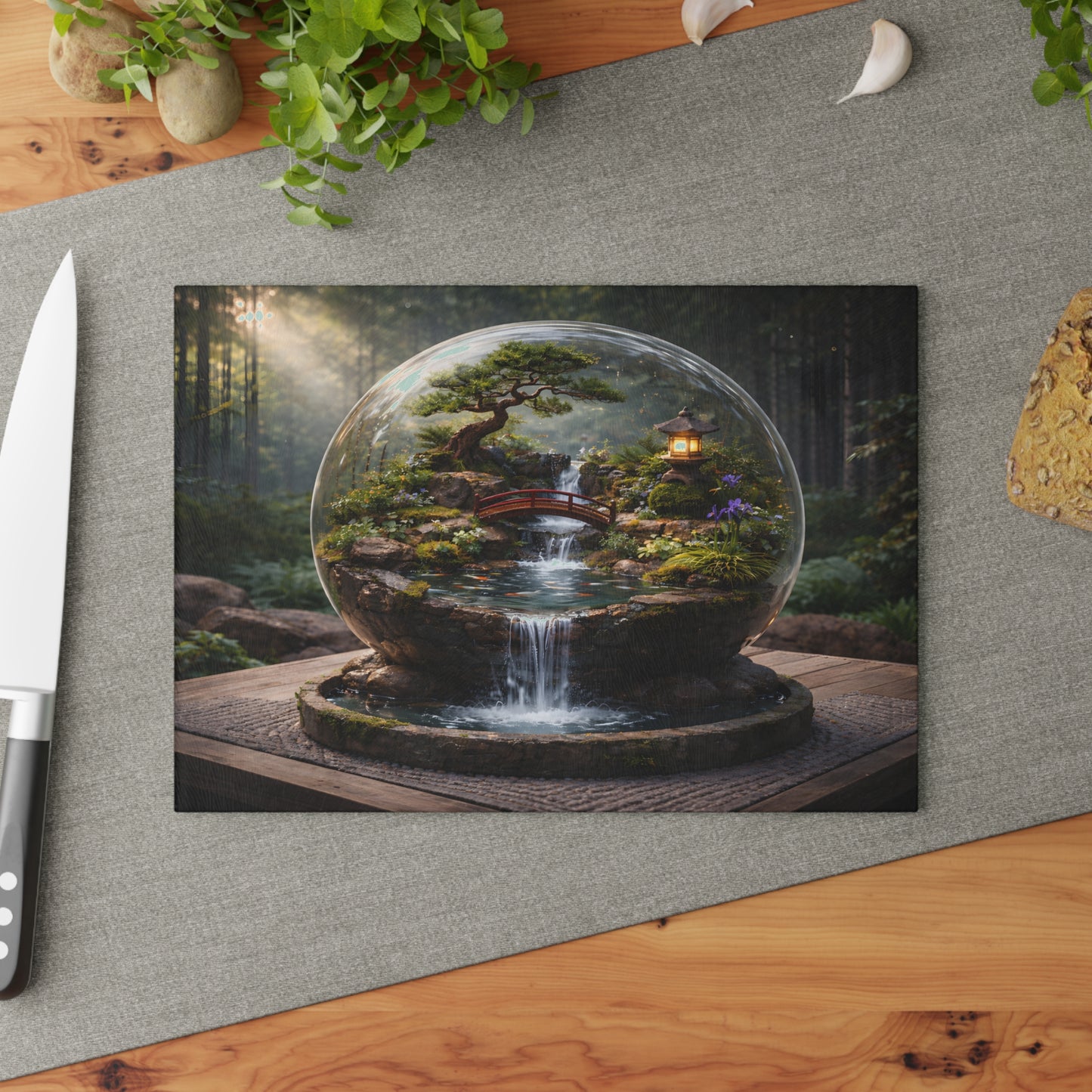Zen Garden Waterfall Globe Glass Cutting Board – Tranquil Japanese-Inspired Nature Art