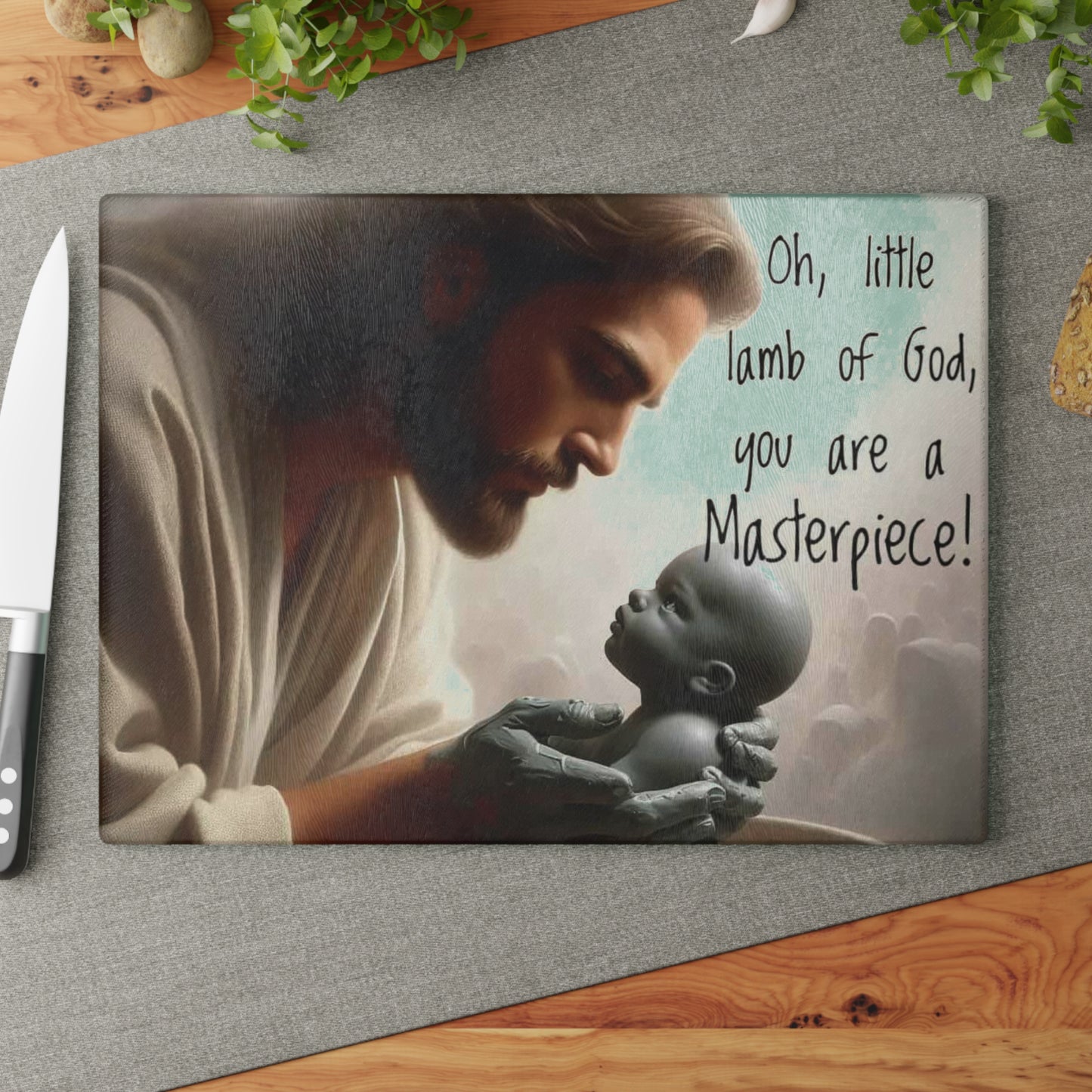 🤍 Oh, Little Lamb of God – “You Are a Masterpiece!” Faith Cutting Board