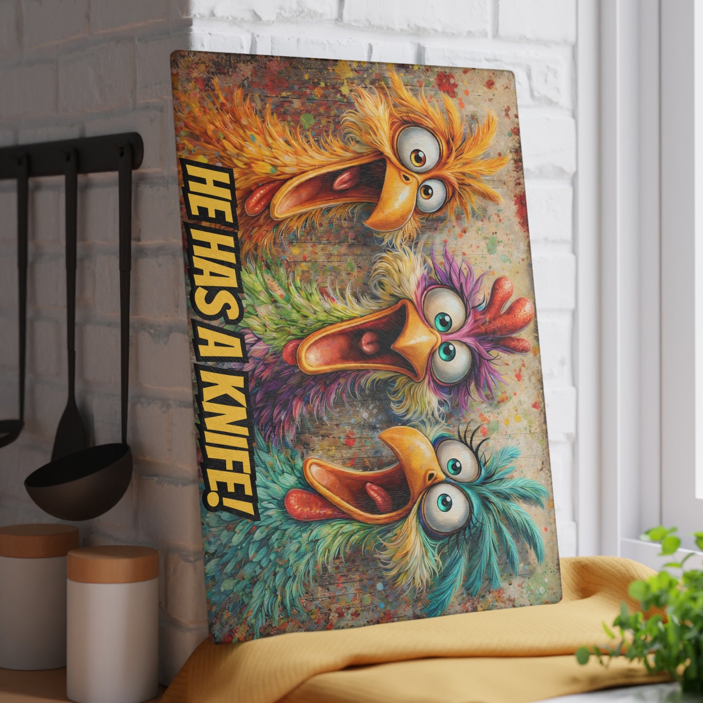 Kitchen Chaos Served Daily Glass Cutting Board – Funny Chicken Kitchen Art