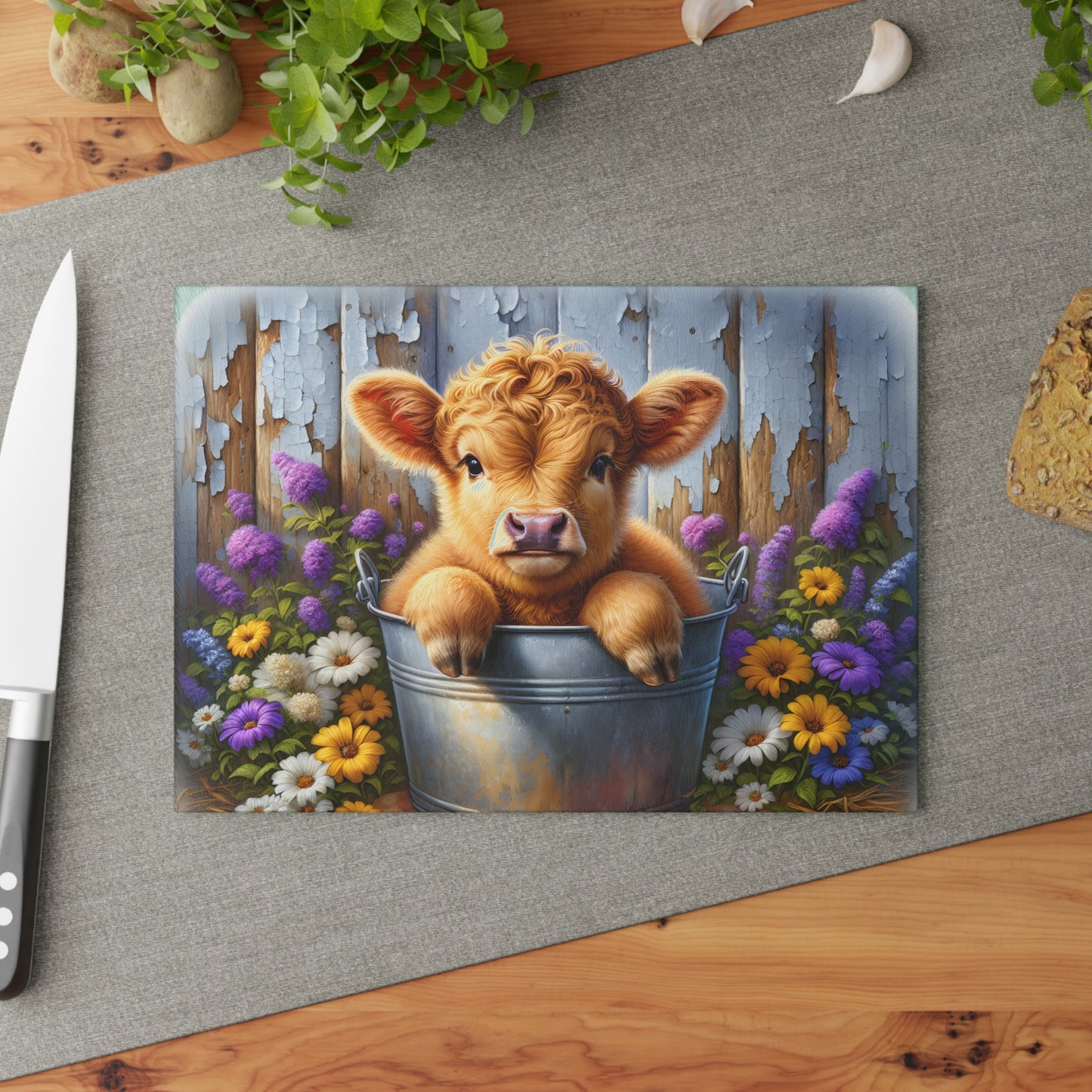 🐮🌸 Baby Highland Cow in Pail Glass Cutting Board – Country Charm with Flowers & Rustic Fence 🌼🪵
