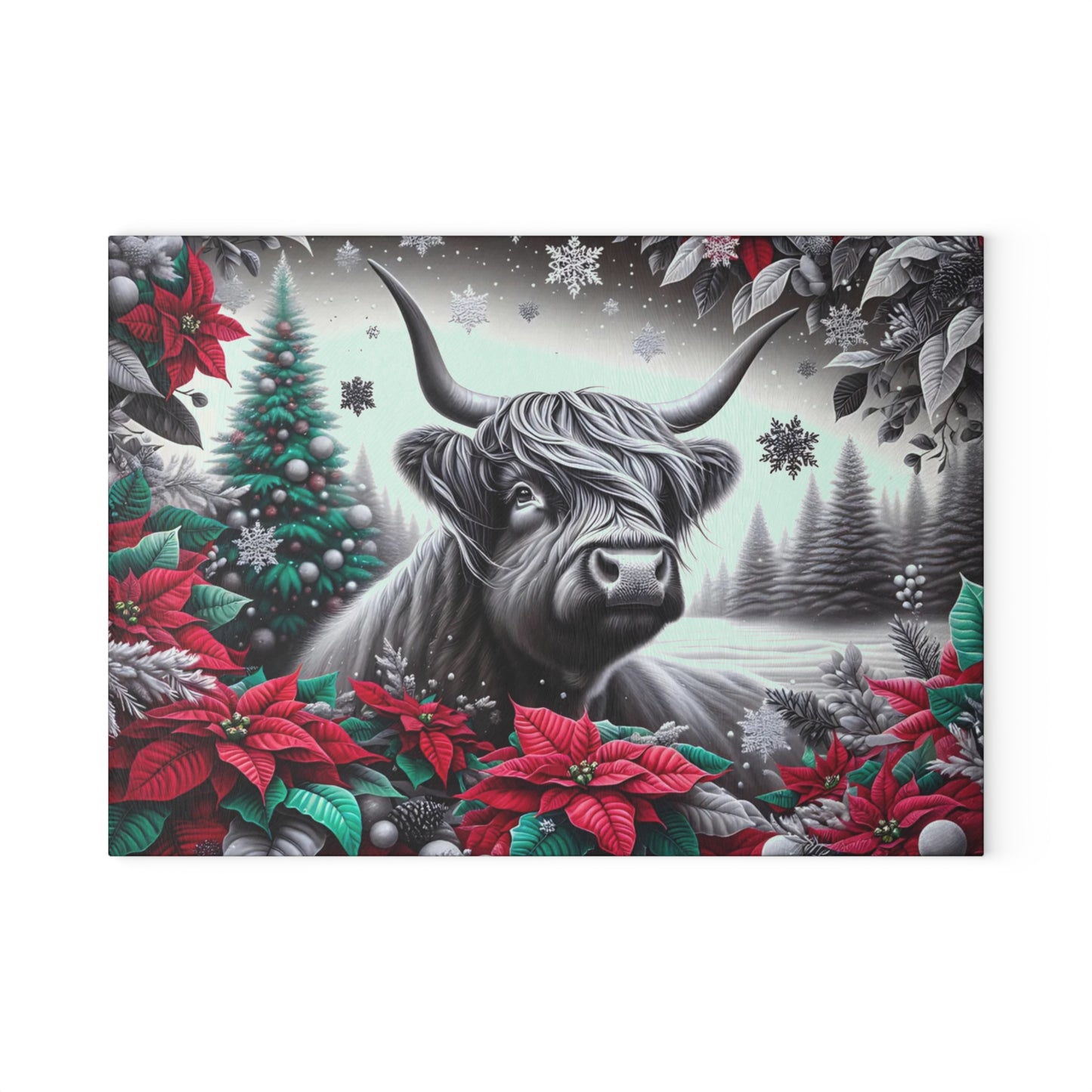 🐮❄️ “Winter Highland Cow” Glass Cutting Board – Rustic Christmas Charm for Your Kitchen