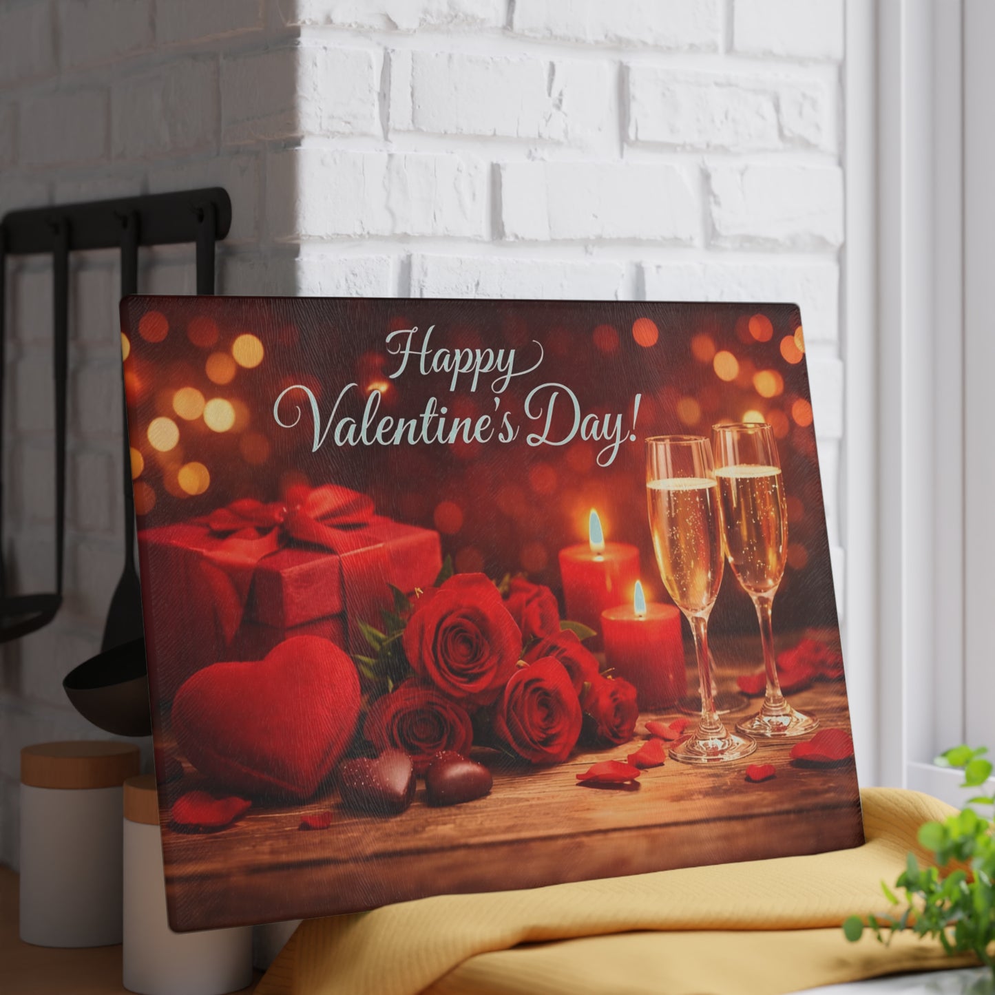 Happy Valentine’s Day Champagne & Roses Glass Cutting Board – Romantic Evening Kitchen Accent