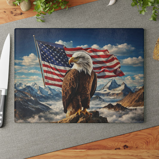 Majestic American Eagle Glass Cutting Board – Patriotic Mountain Landscape Kitchen Art & Display Board