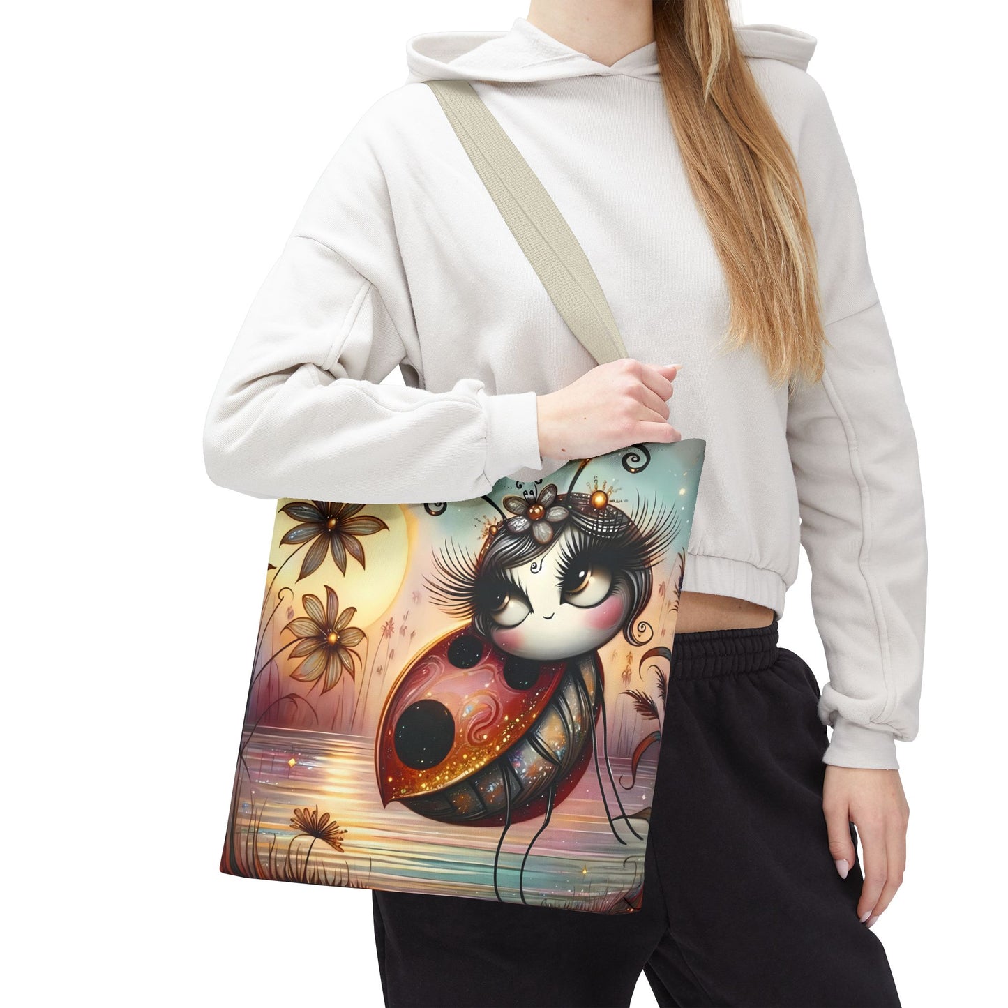 🐞 Mariquita sobre una flor junto al lago – Bolsa de tela inspirada en la naturaleza