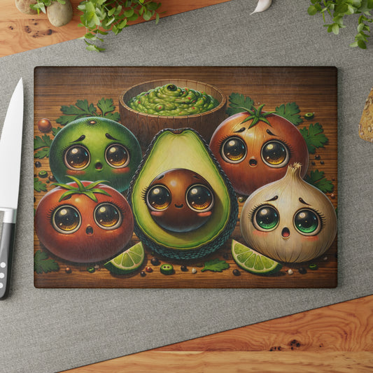 Cute Avocado & Veggie Glass Cutting Board – Whimsical Kitchen Art with Guacamole Charm