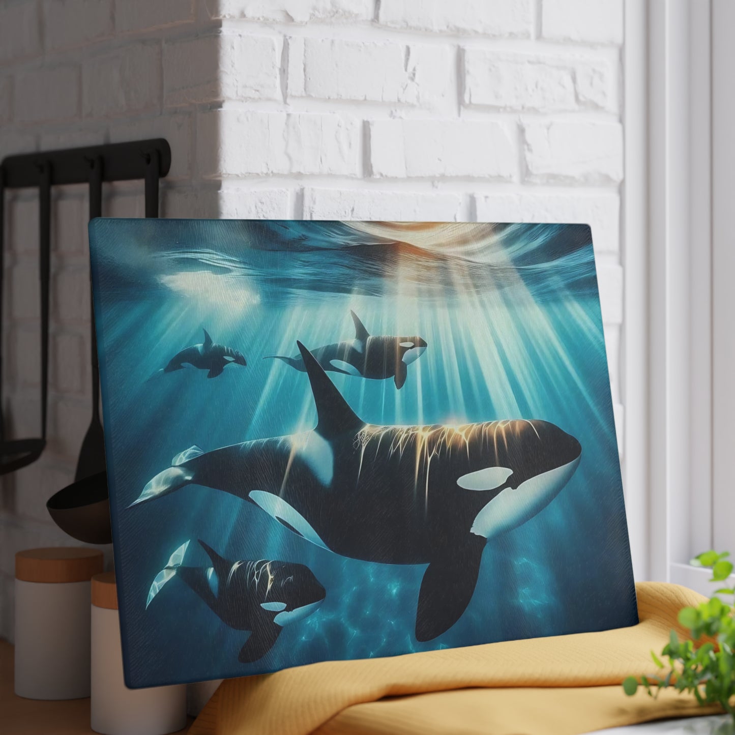 Ocean Guardians Glass Cutting Board – Orca Family Beneath Sunlit Waters
