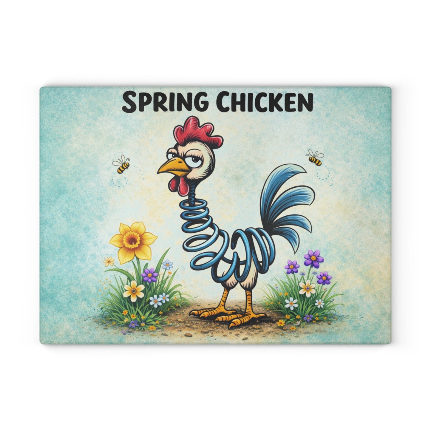 Spring Chicken Glass Cutting Board – Whimsical Chicken Artwork with Playful Spring Humor