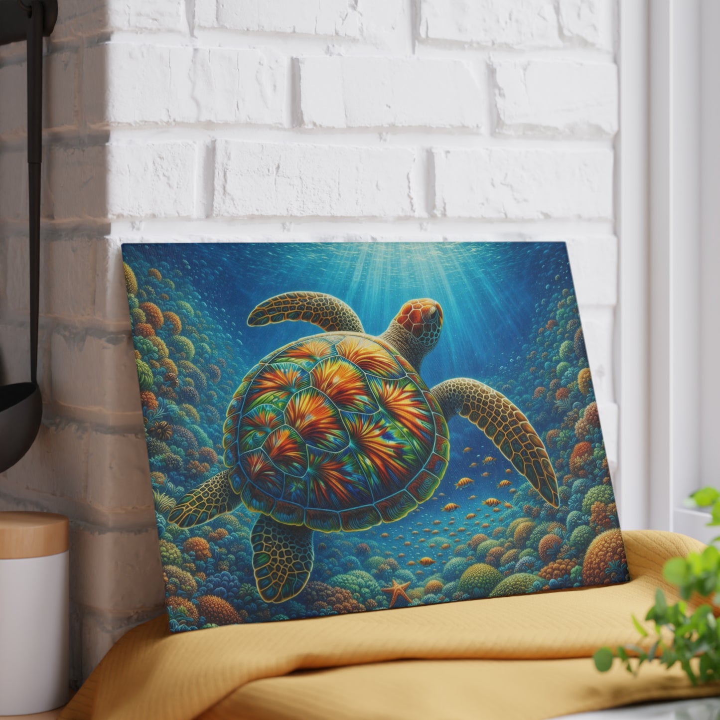 Radiant Sea Turtle Glass Cutting Board – Vibrant Ocean Life Artwork