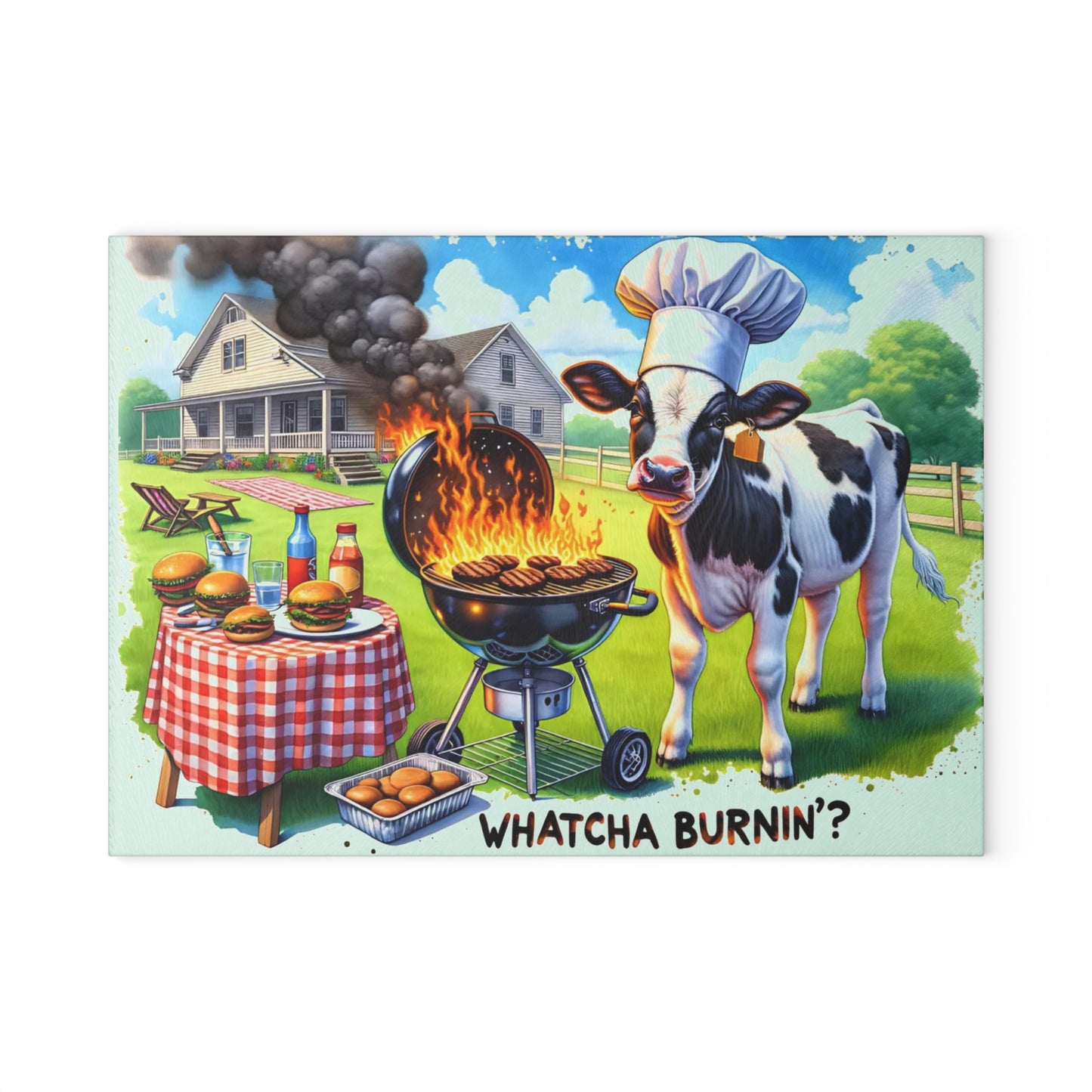 🐮🔥 “Whatcha Burnin’?” Glass Cutting Board – Cozy Charm for Your Kitchen