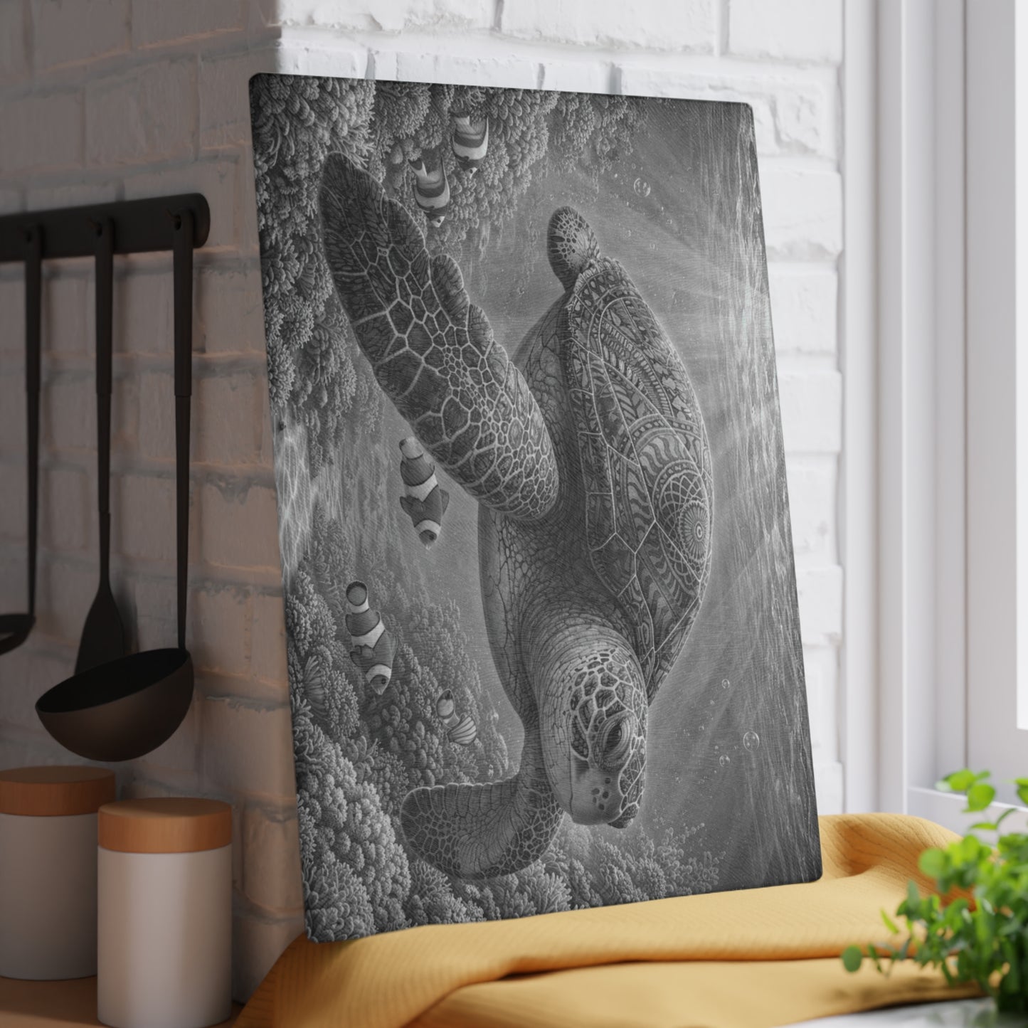 Sacred Depths Sea Turtle Glass Cutting Board – Black & White Ocean Artwork