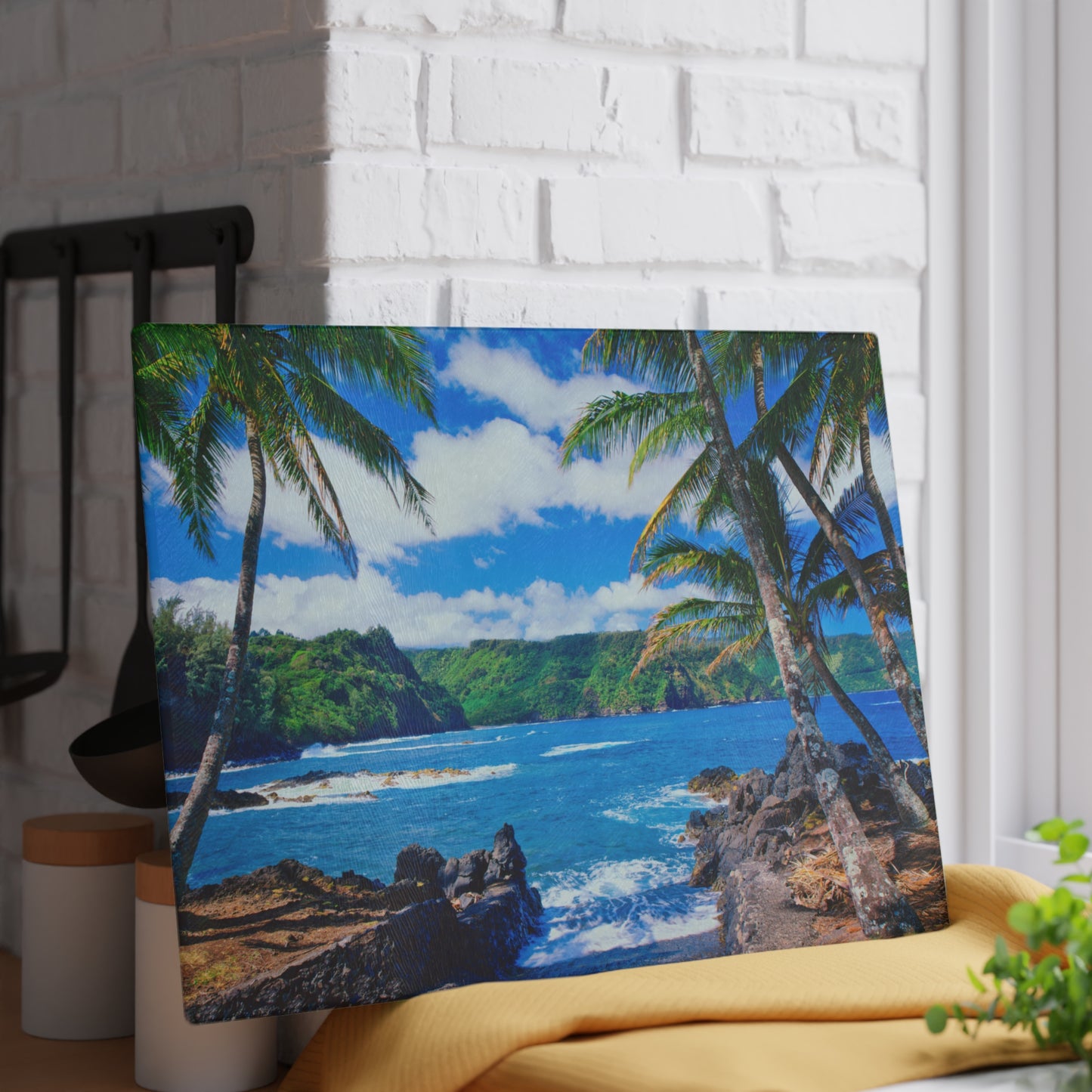 Beach & Palm Trees Glass Cutting Board – Coastal Kitchen Decor