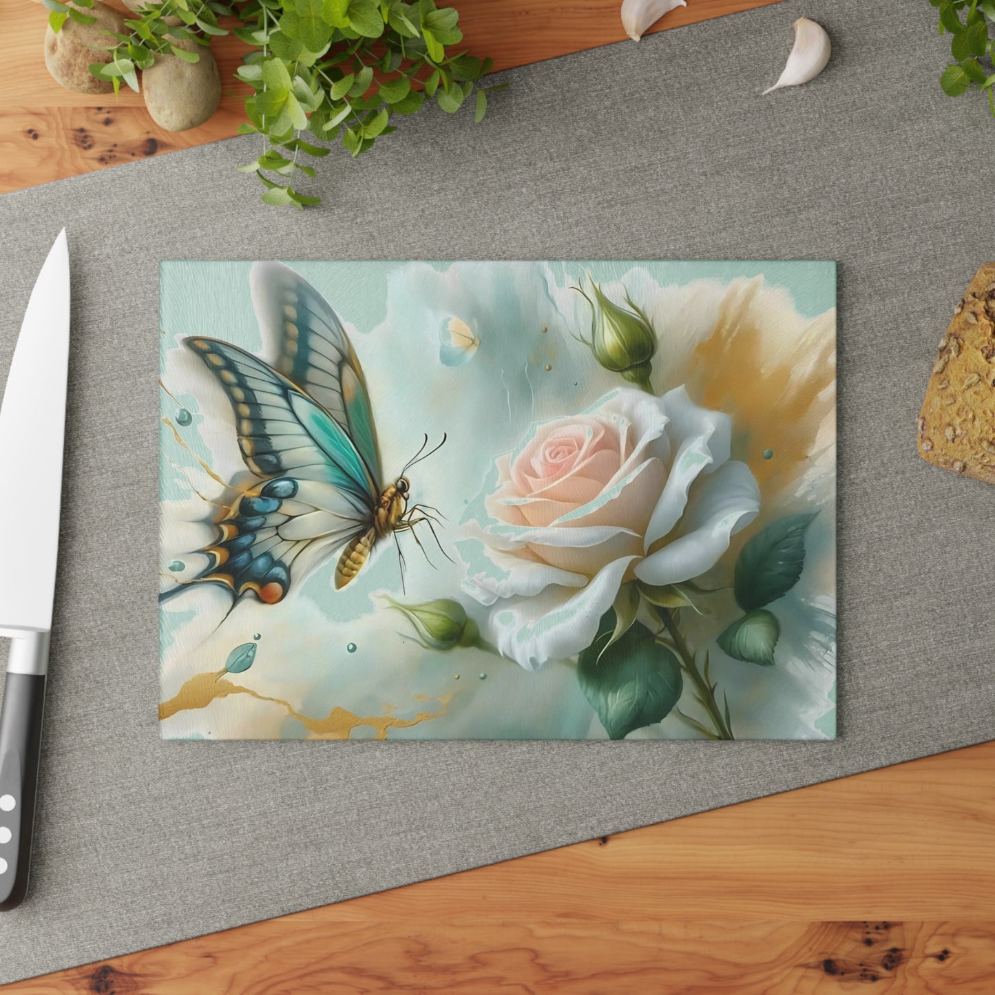 Butterfly & Single Rose Glass Cutting Board – Graceful Beauty for Your Kitchen