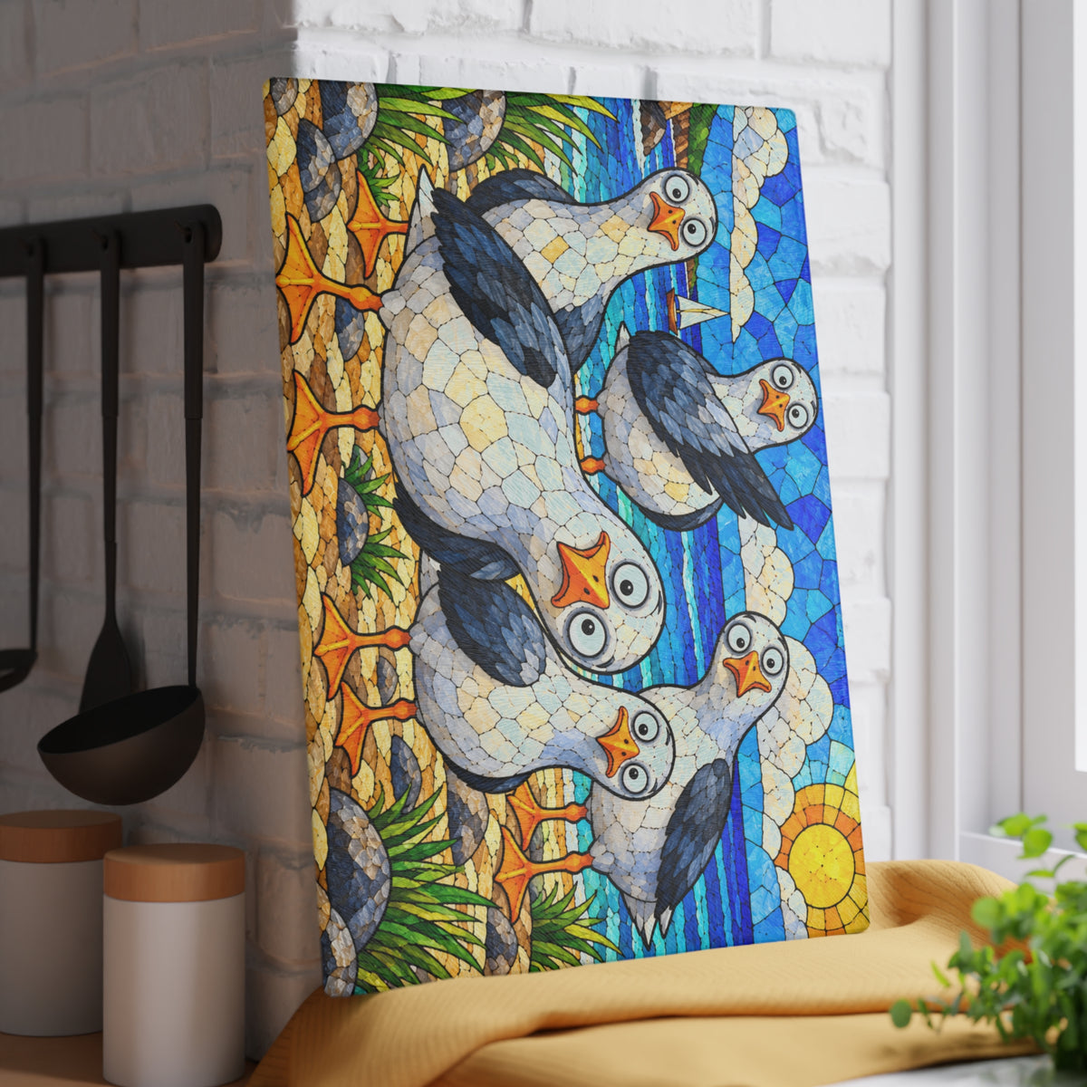 Funny Seagulls Stained-Glass-Inspired Glass Cutting Board – Coastal Beach Kitchen Decor