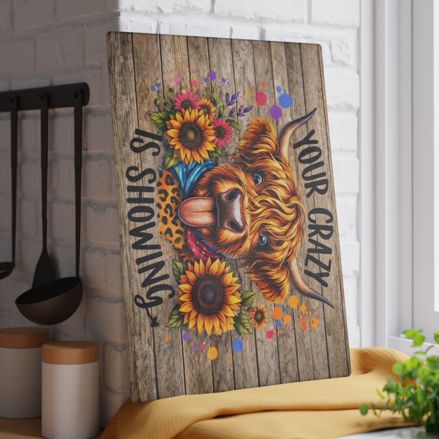 Your Crazy Is Showing Highland Cow Glass Cutting Board – Fun Farmhouse Kitchen Decor