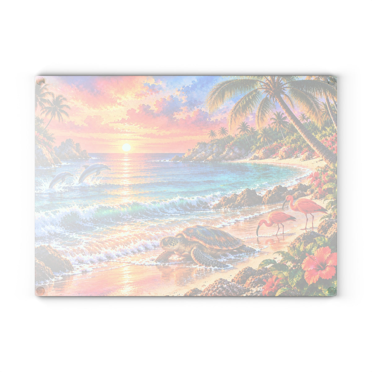 Tropical Sunset Beach Glass Cutting Board – Sea Turtle, Dolphins, Scarlet Ibis & Colorful Island Paradise