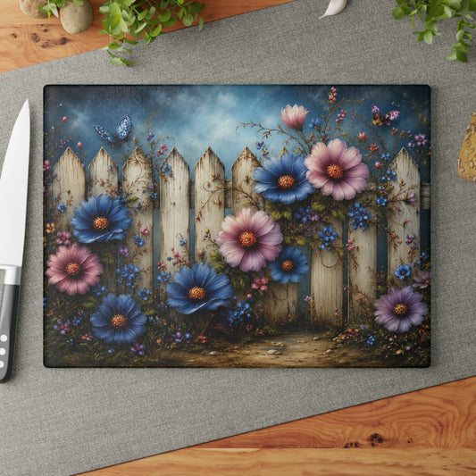 Vintage Floral Fence Glass Cutting Board